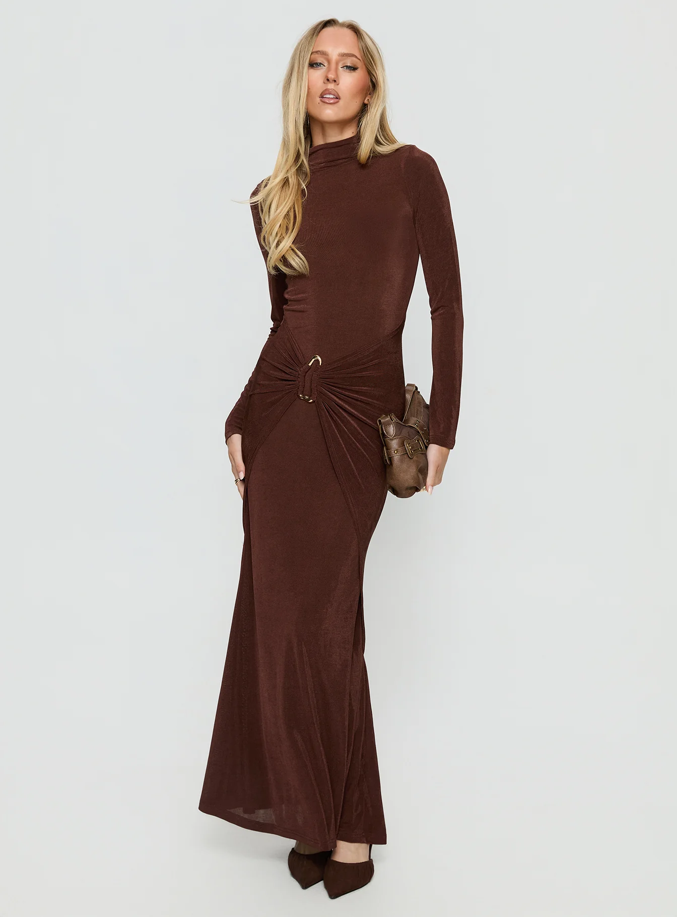 Yaqueline Long Sleeve Ruched Maxi Dress Chocolate - XTXFMF