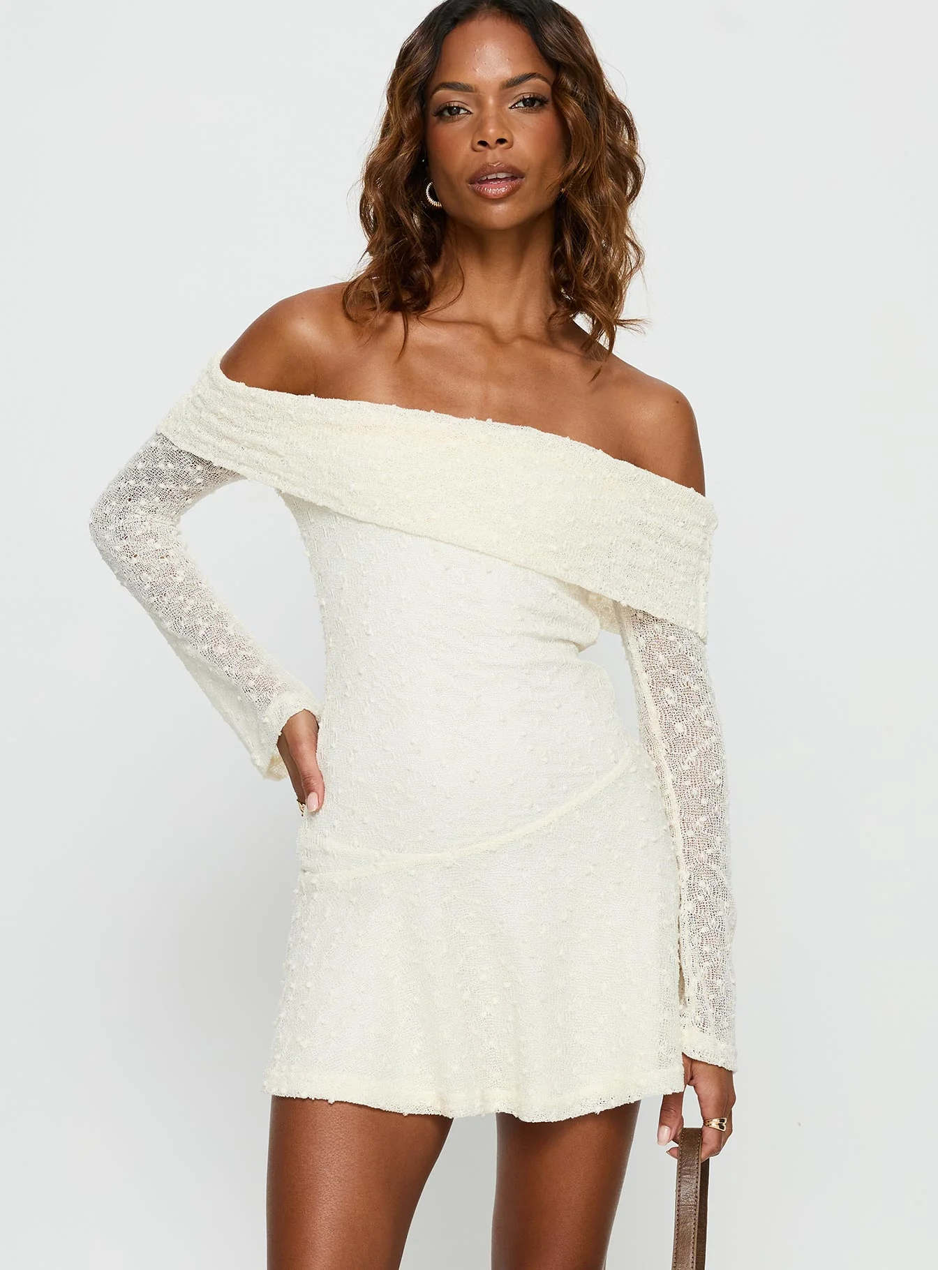 Ivee Off Shoulder Long Sleeve Mini Dress Cream - XTXFMF