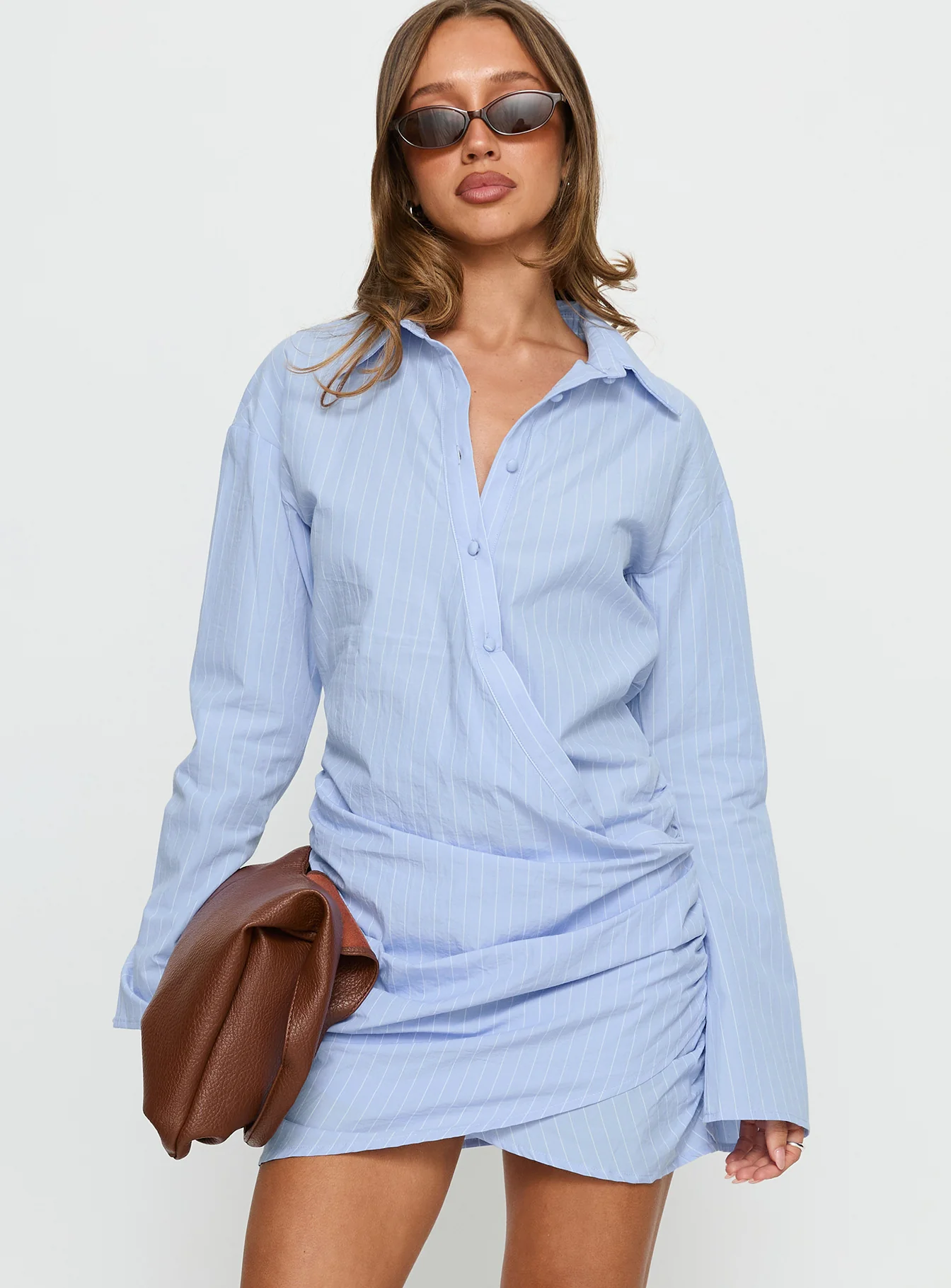 Well Versed Long Sleeve Ruched Shirt Mini Dress Blue - XTXFMF