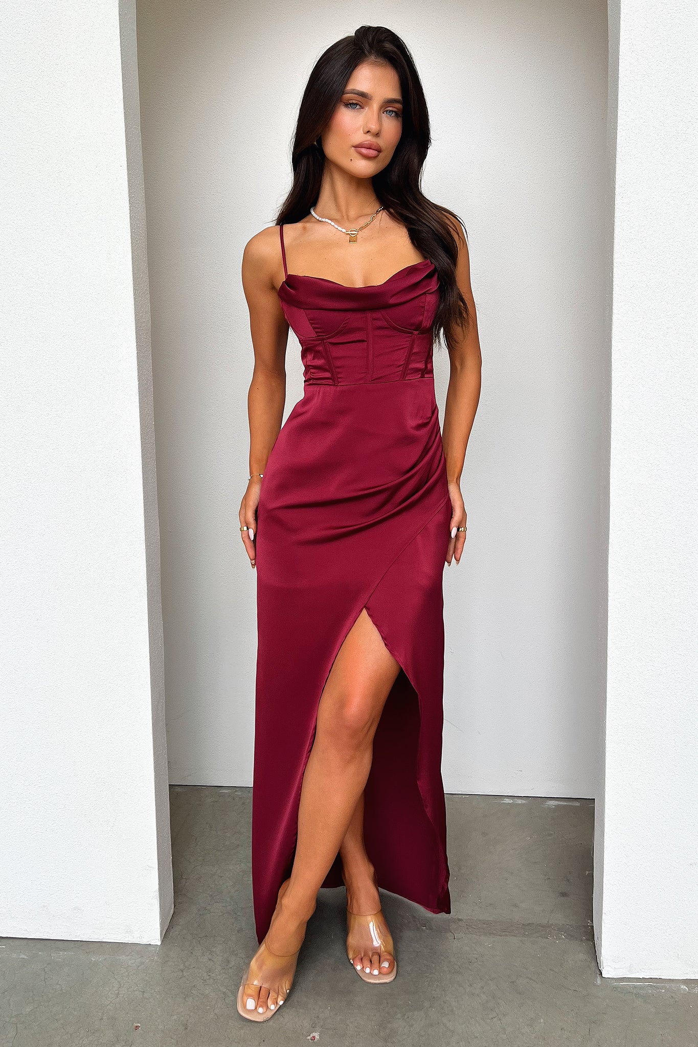 Aiana Satin Maxi Dress - Burgundy - XTXFMF