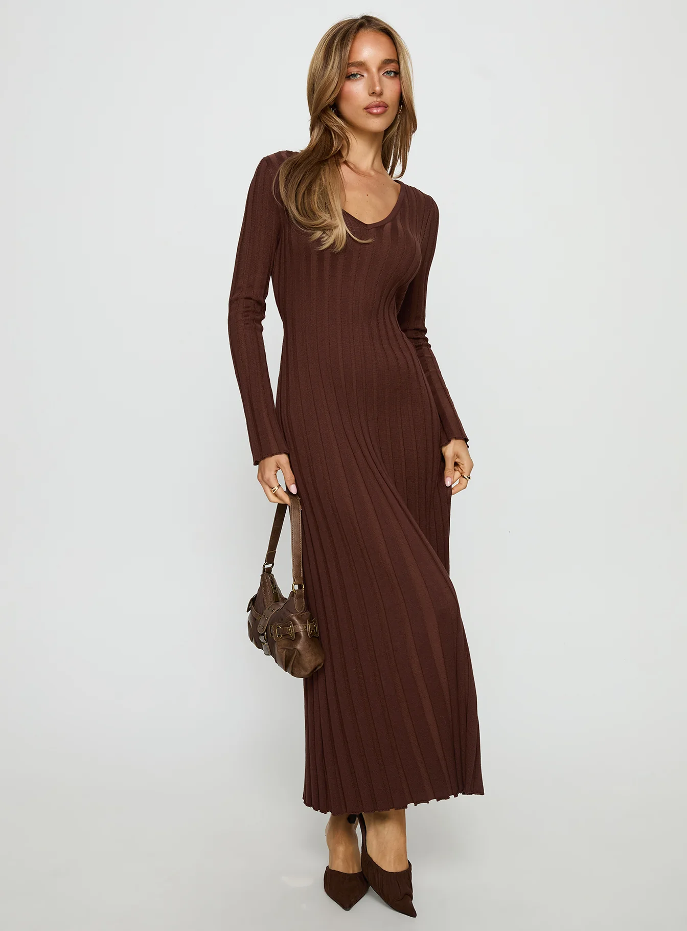 Gratuita Long Sleeve Rib Maxi Dress Chocolate - XTXFMF