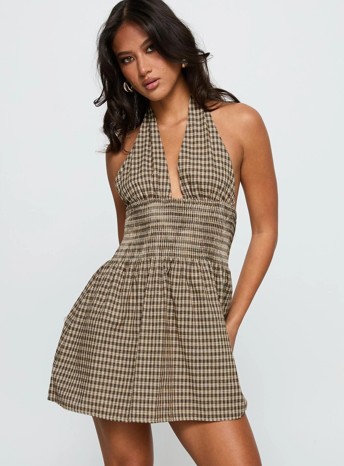 Juanette Halter Mini Dress Brown Check - XTXFMF