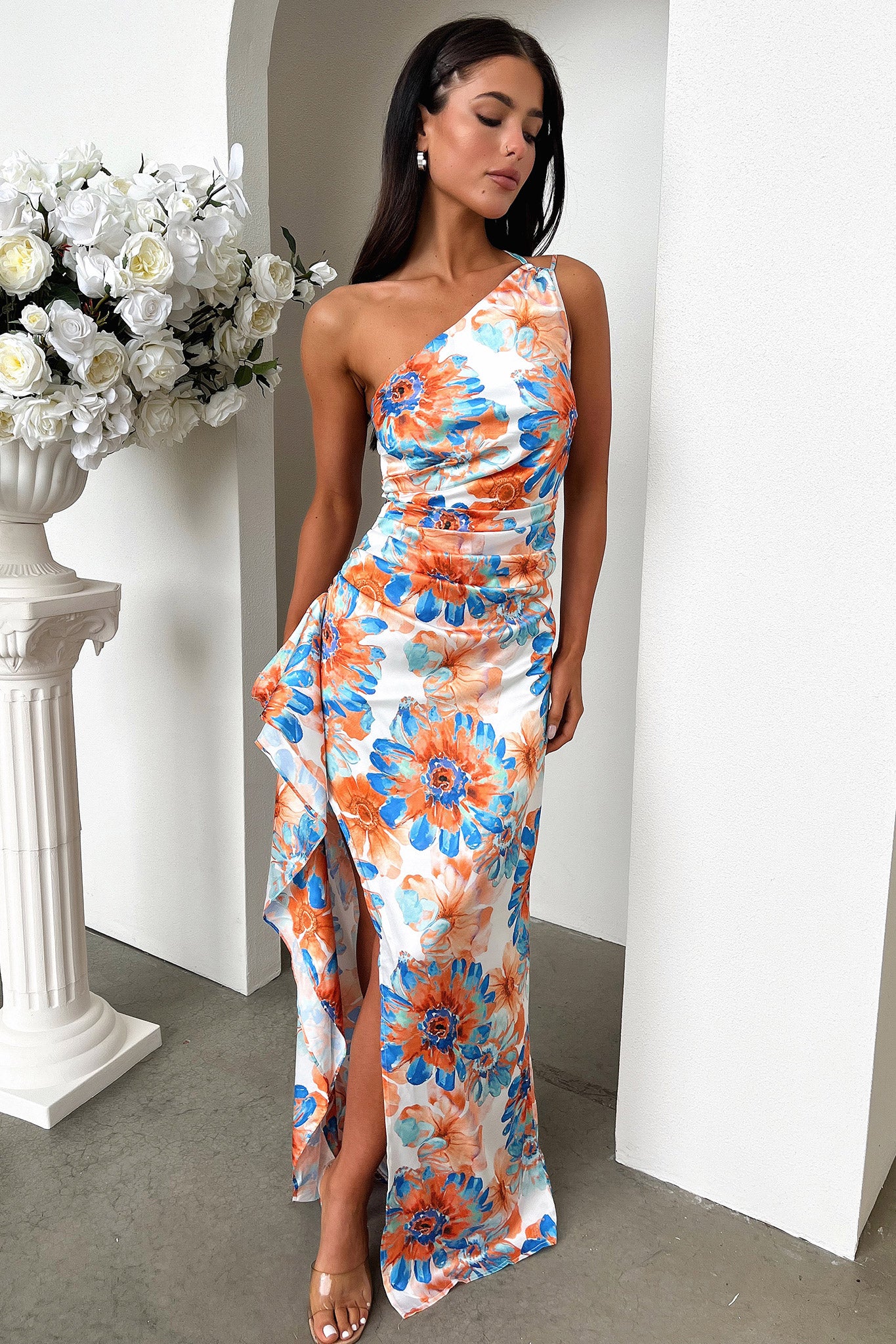 Elianna One Shoulder Satin Maxi Dress - Blue Floral - XTXFMF