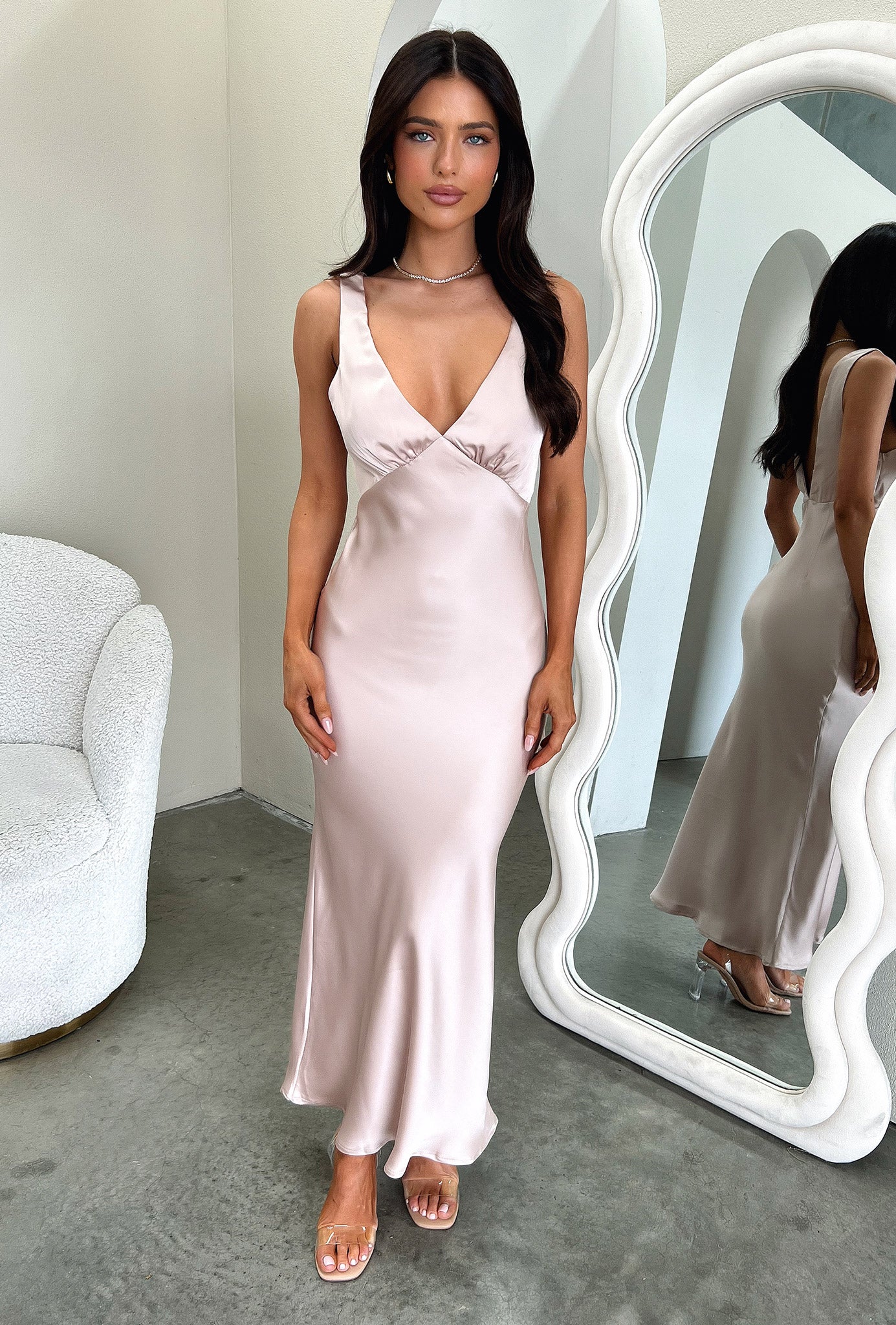 Delayne V-Neck Satin Midi Dress - Champagne - XTXFMF