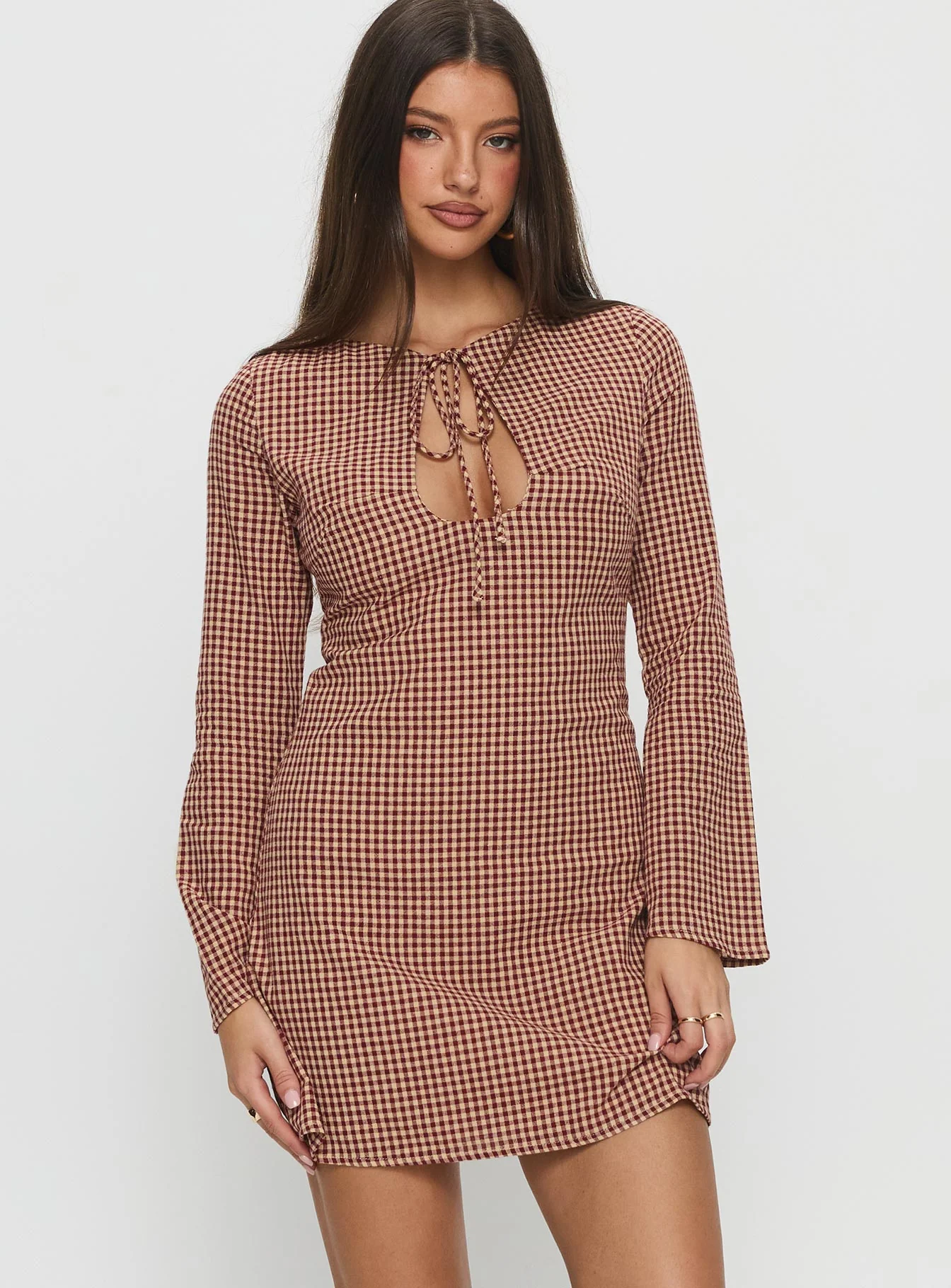 Kassidee Keyhole Long Sleeve Mini Dress Red Check - XTXFMF