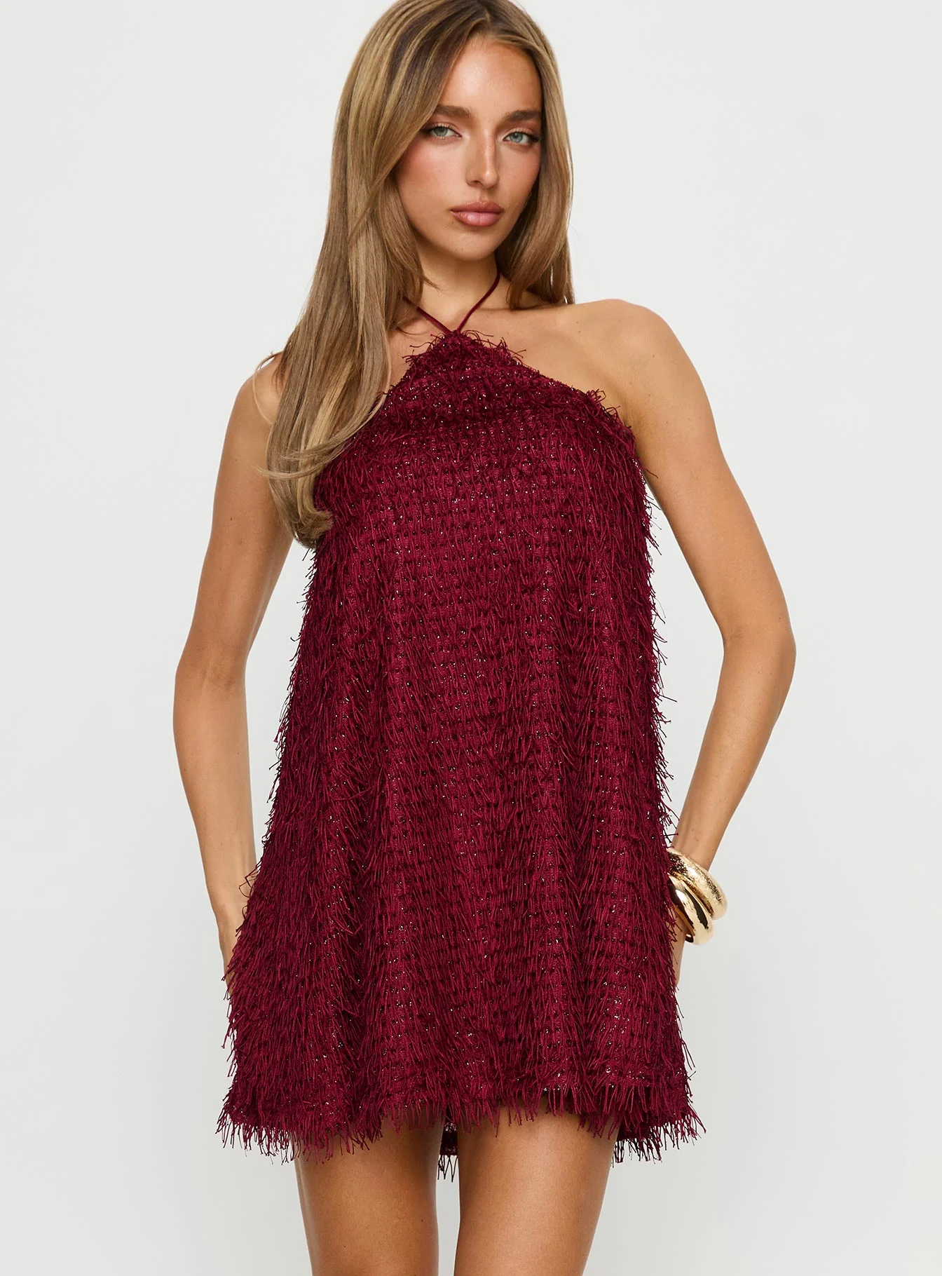 Koressa Halter Fringe Mini Dress Burgundy - XTXFMF