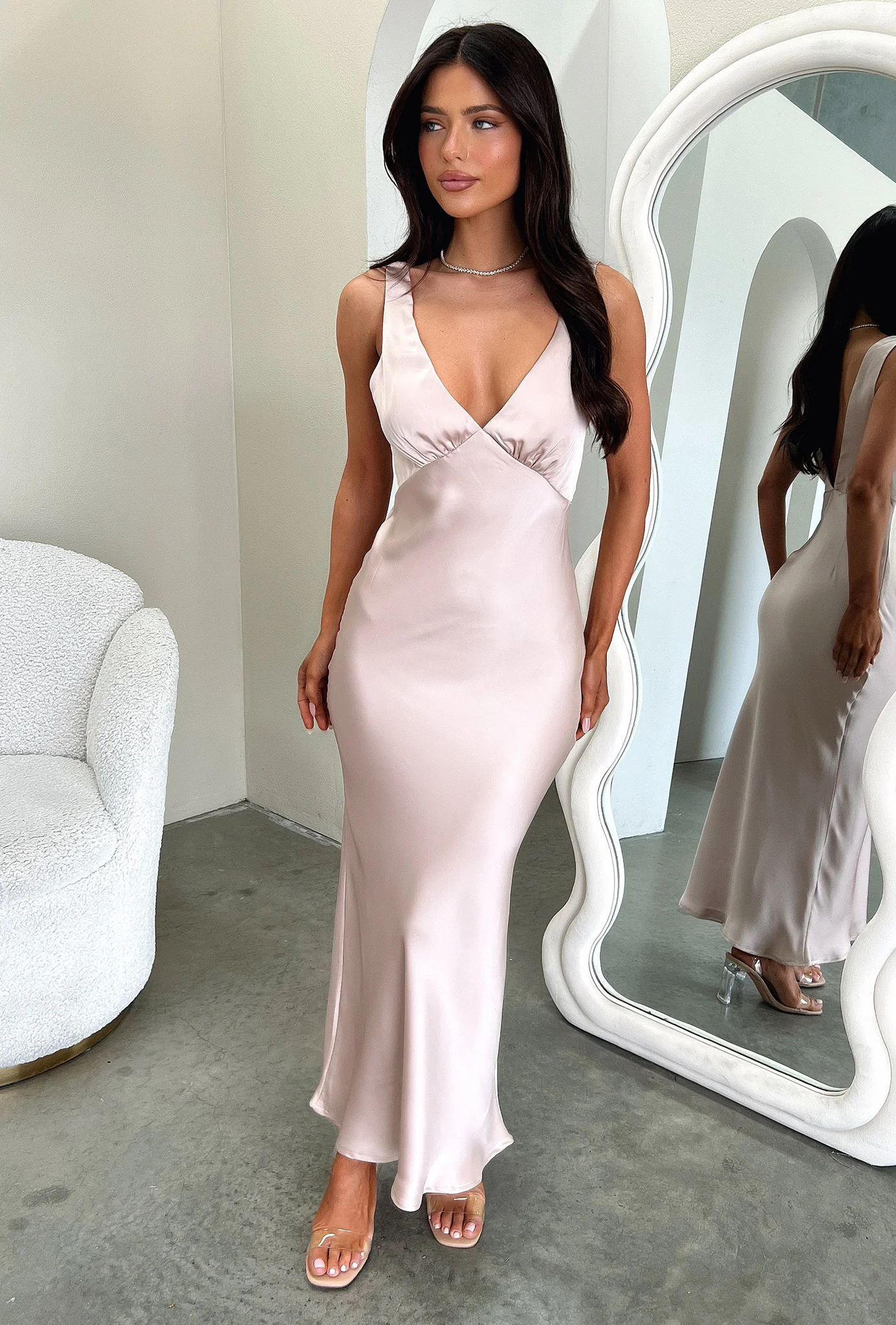 Delayne V-Neck Satin Midi Dress - Champagne - XTXFMF