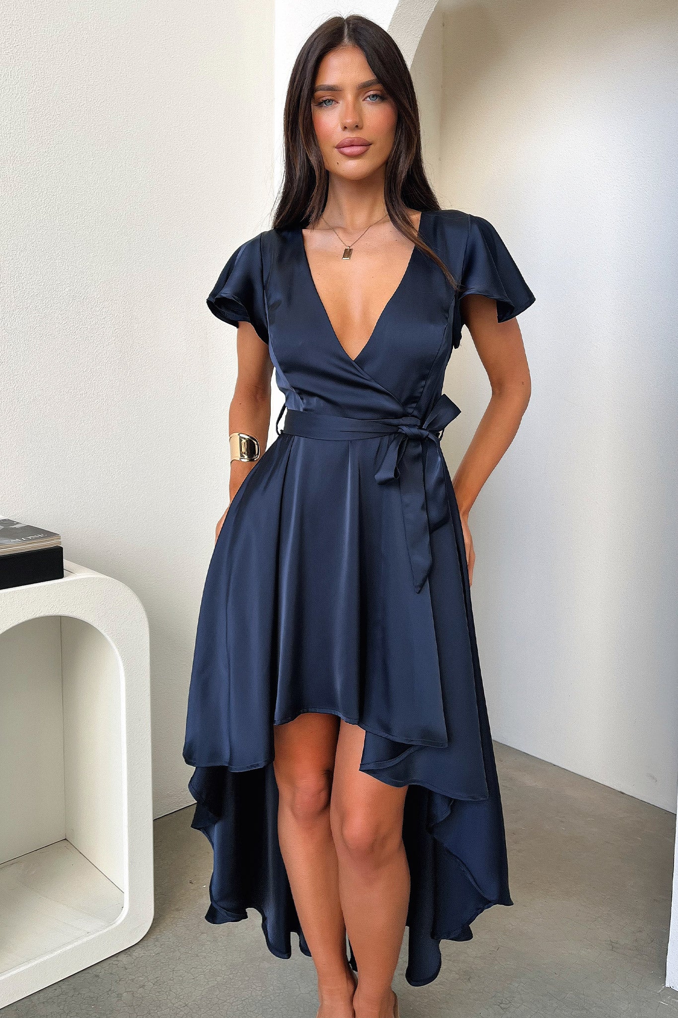 Amelia Satin Midi Dress - Navy - XTXFMF