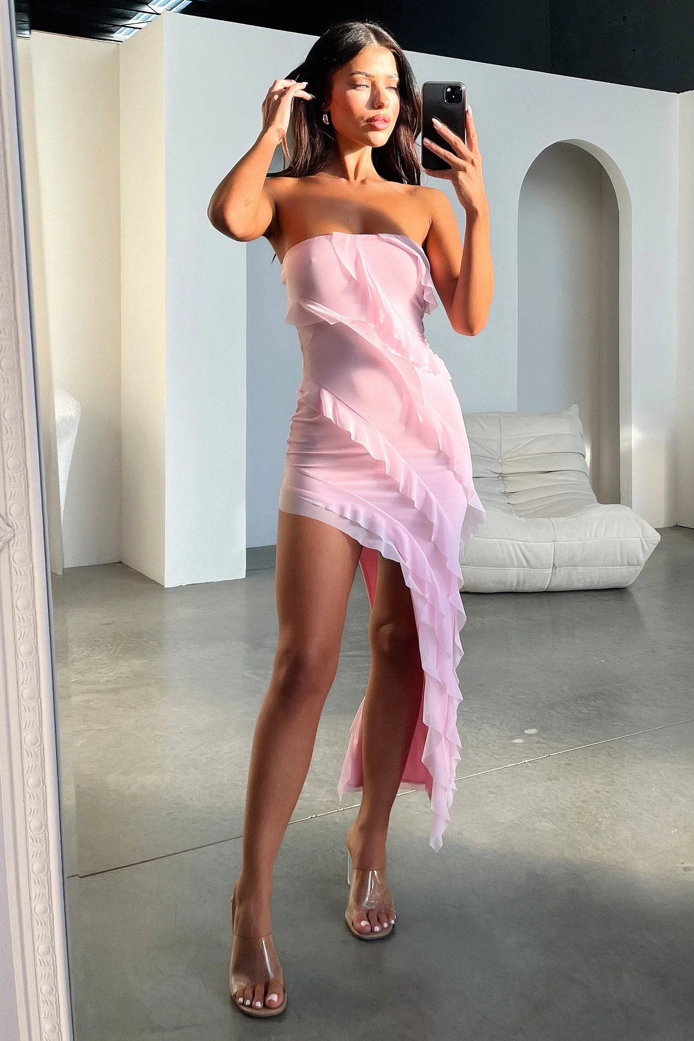 Jadore Strapless Ruffle Midi Dress - Pink - XTXFMF