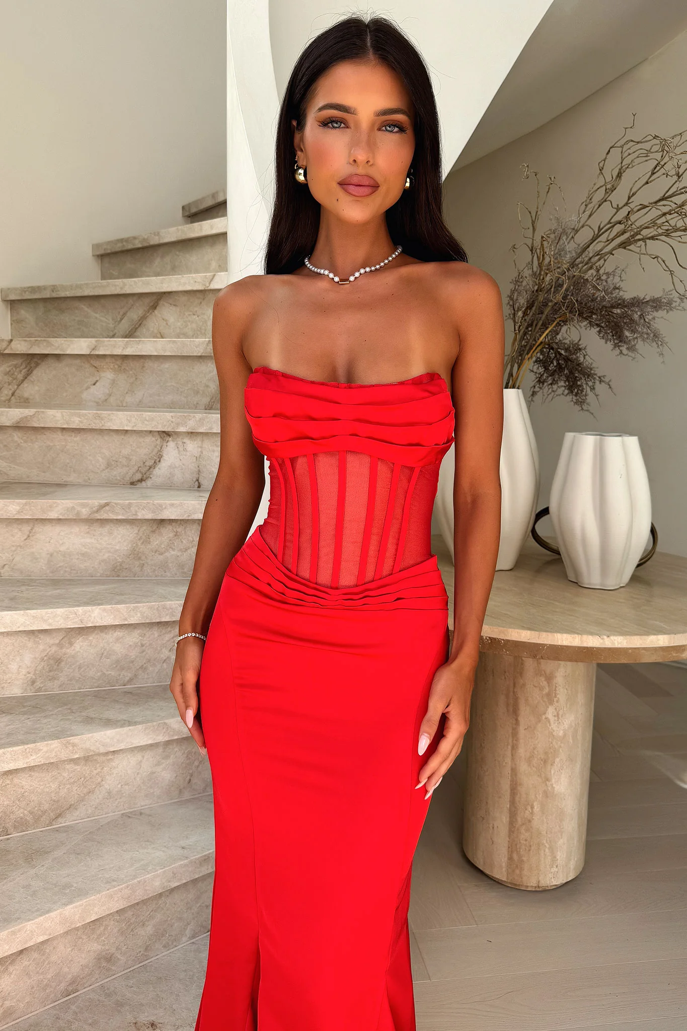 Aderyn Satin Corset Maxi Dress - Red - XTXFMF