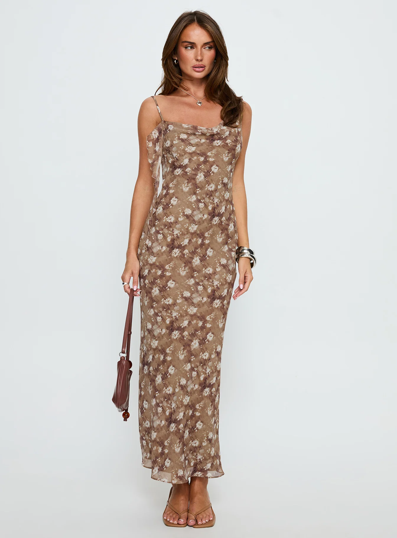 Silah Cowl Neck Maxi Dress Brown Floral - XTXFMF