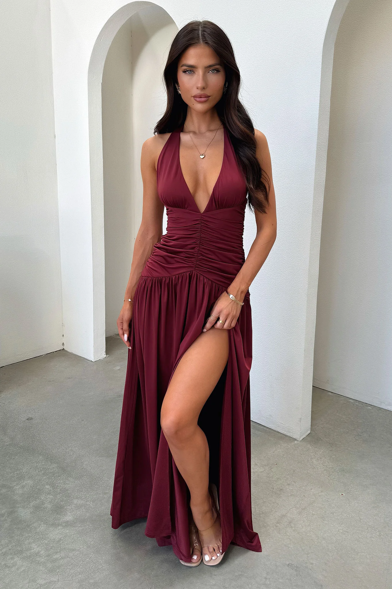 Ginevra Ruched Halter Maxi Dress - Burgundy - XTXFMF