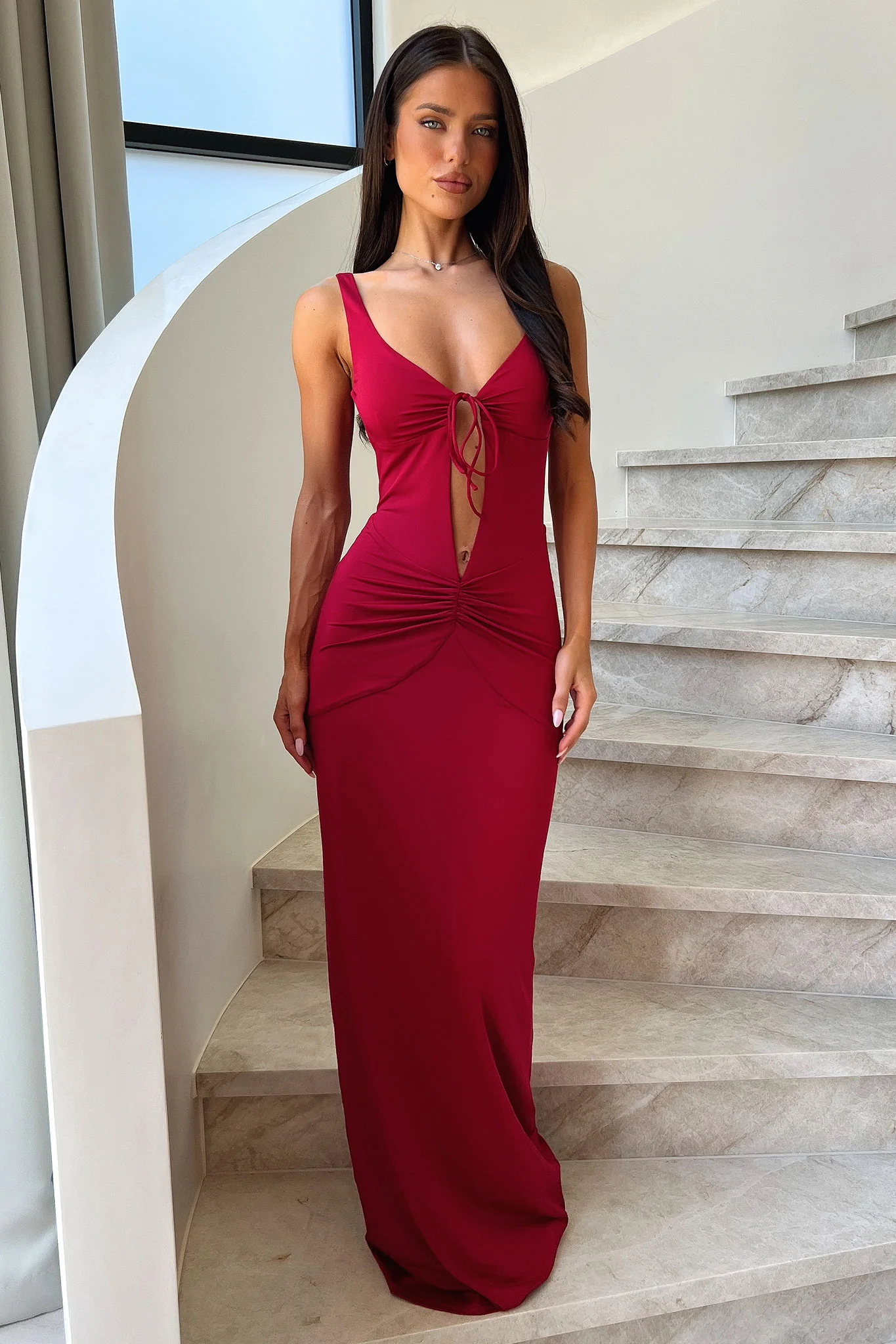 Lilo Keyhole Backless Maxi Dress - Burgundy - XTXFMF