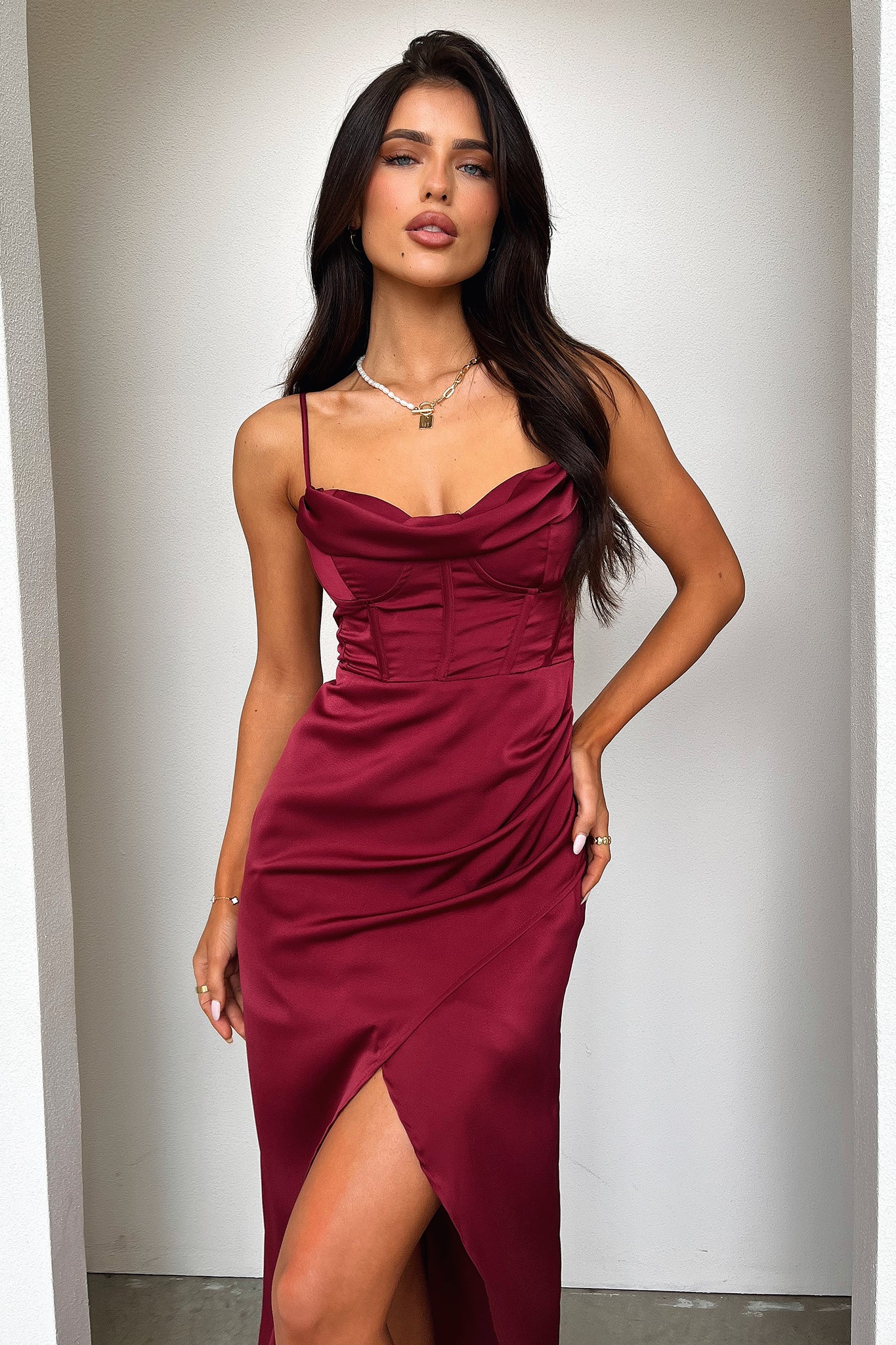 Aiana Satin Maxi Dress - Burgundy - XTXFMF