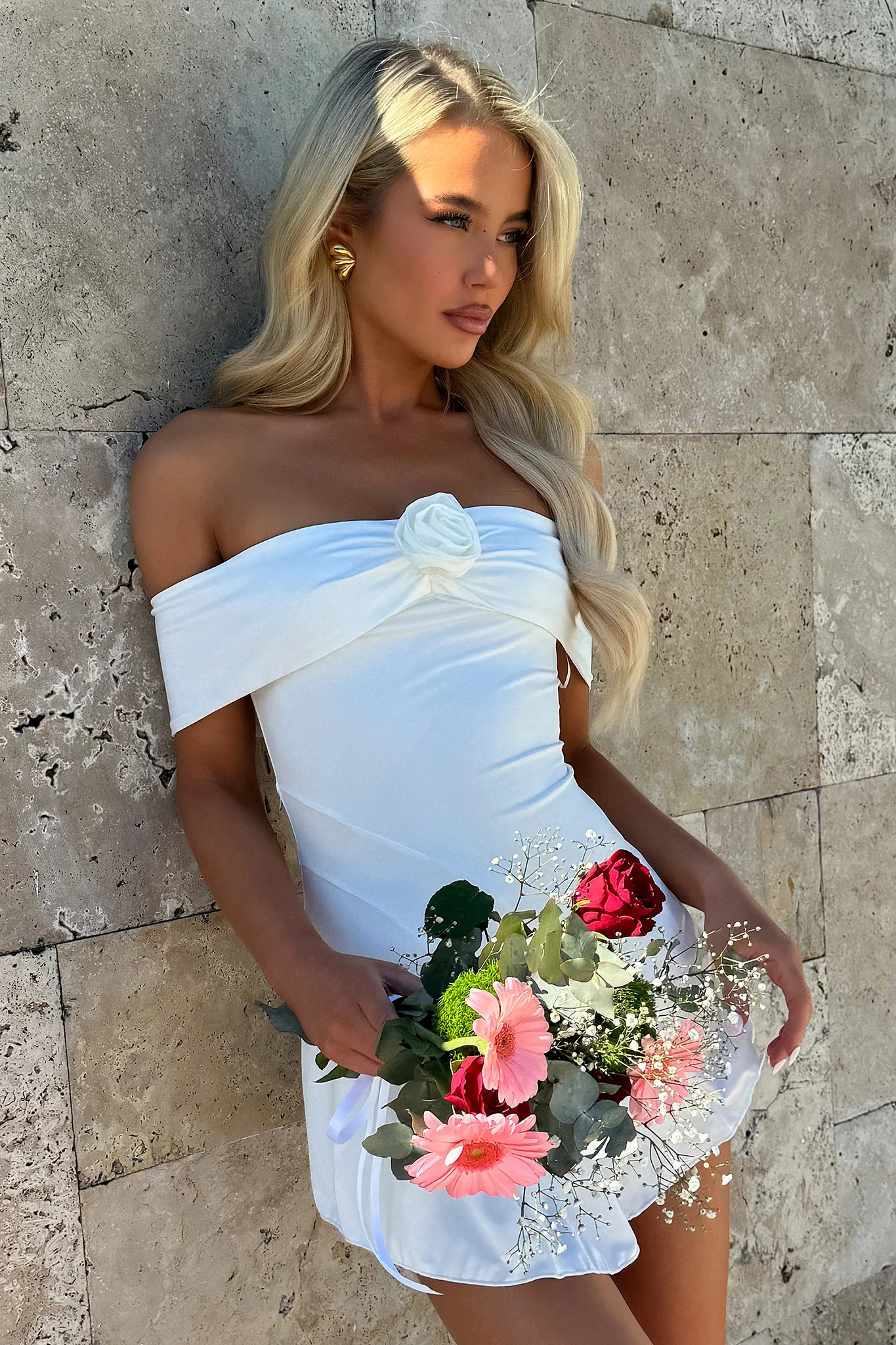 Kirsten Off Shoulder Mini Dress - White - XTXFMF