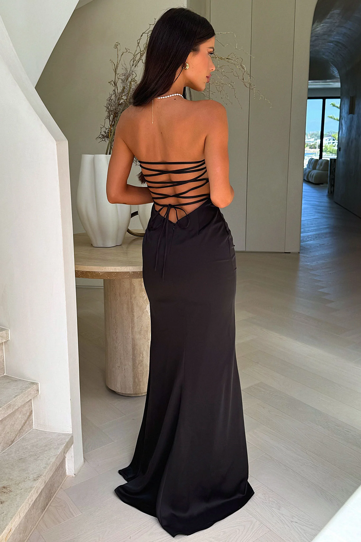 Ophelia Strapless Embellished Satin Maxi Dress - Black - XTXFMF