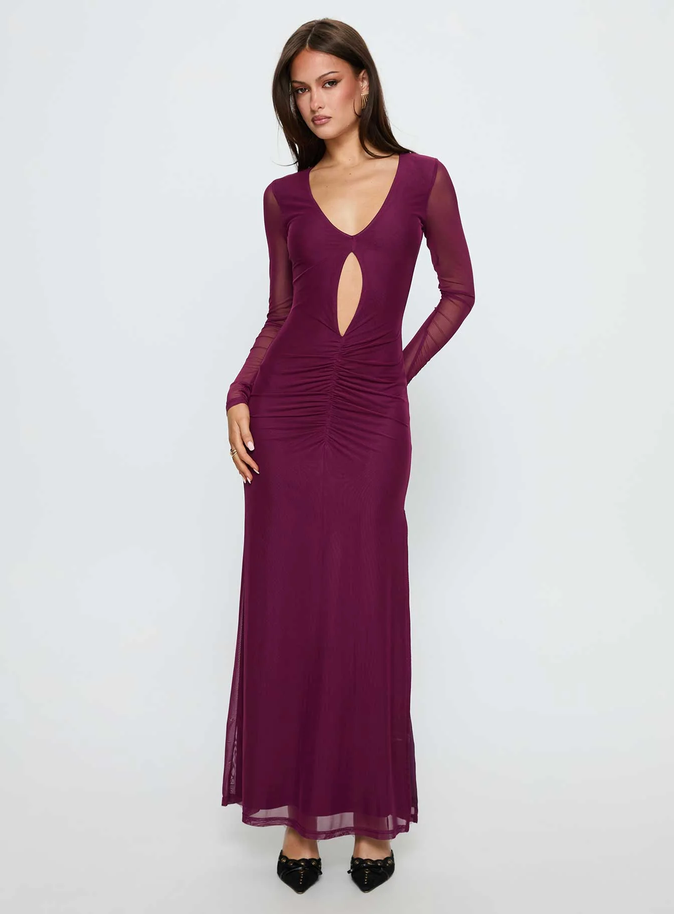 Darkside Long Sleeve Cut Out Plunge Maxi Dress Plum - XTXFMF