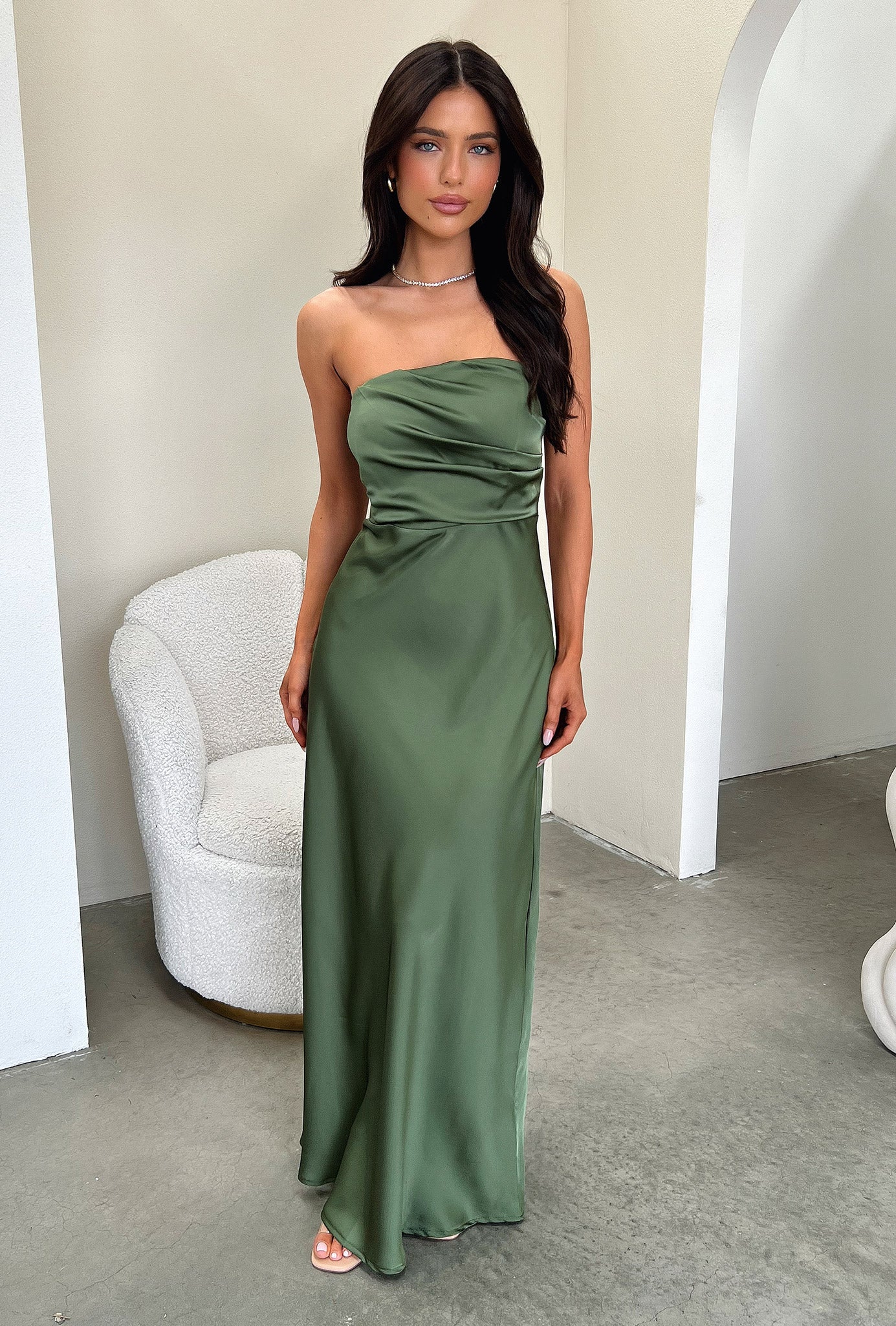 Elio Strapless Satin Maxi Dress - Olive - XTXFMF