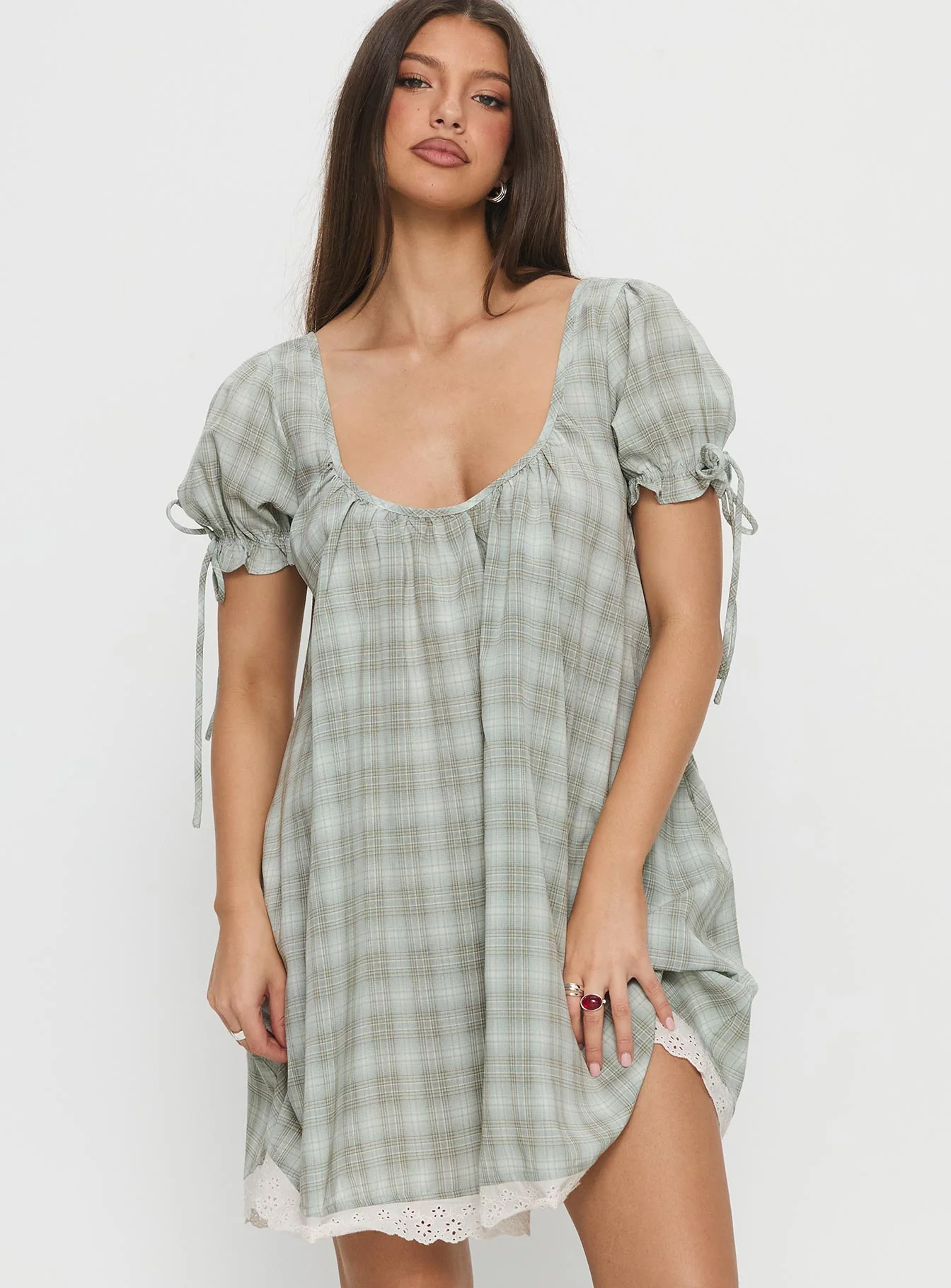 Embracing Puff Sleeve Swing Mini Dress Blue Check - XTXFMF