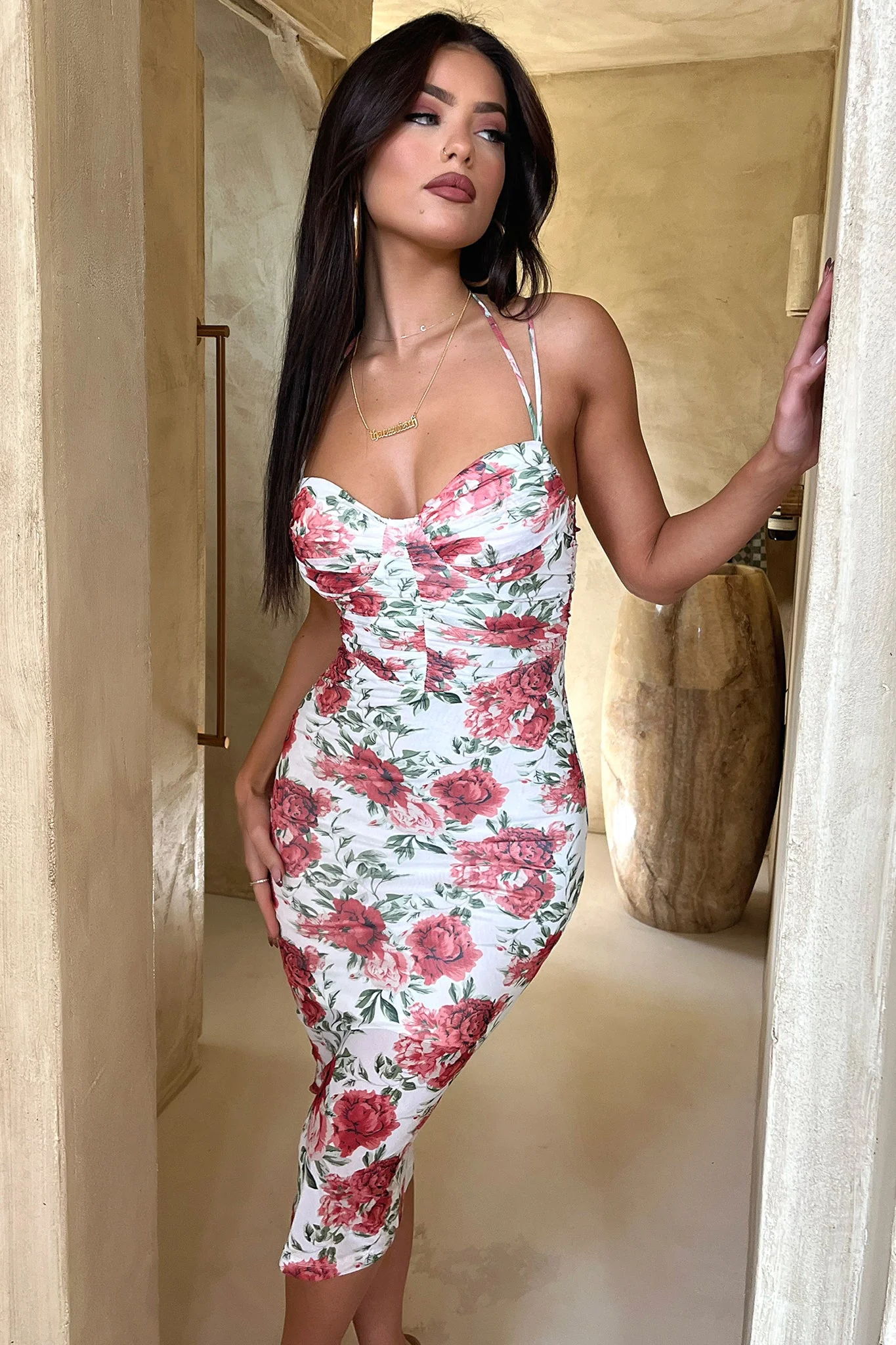 Ishana Midi Dress - Red Floral - XTXFMF