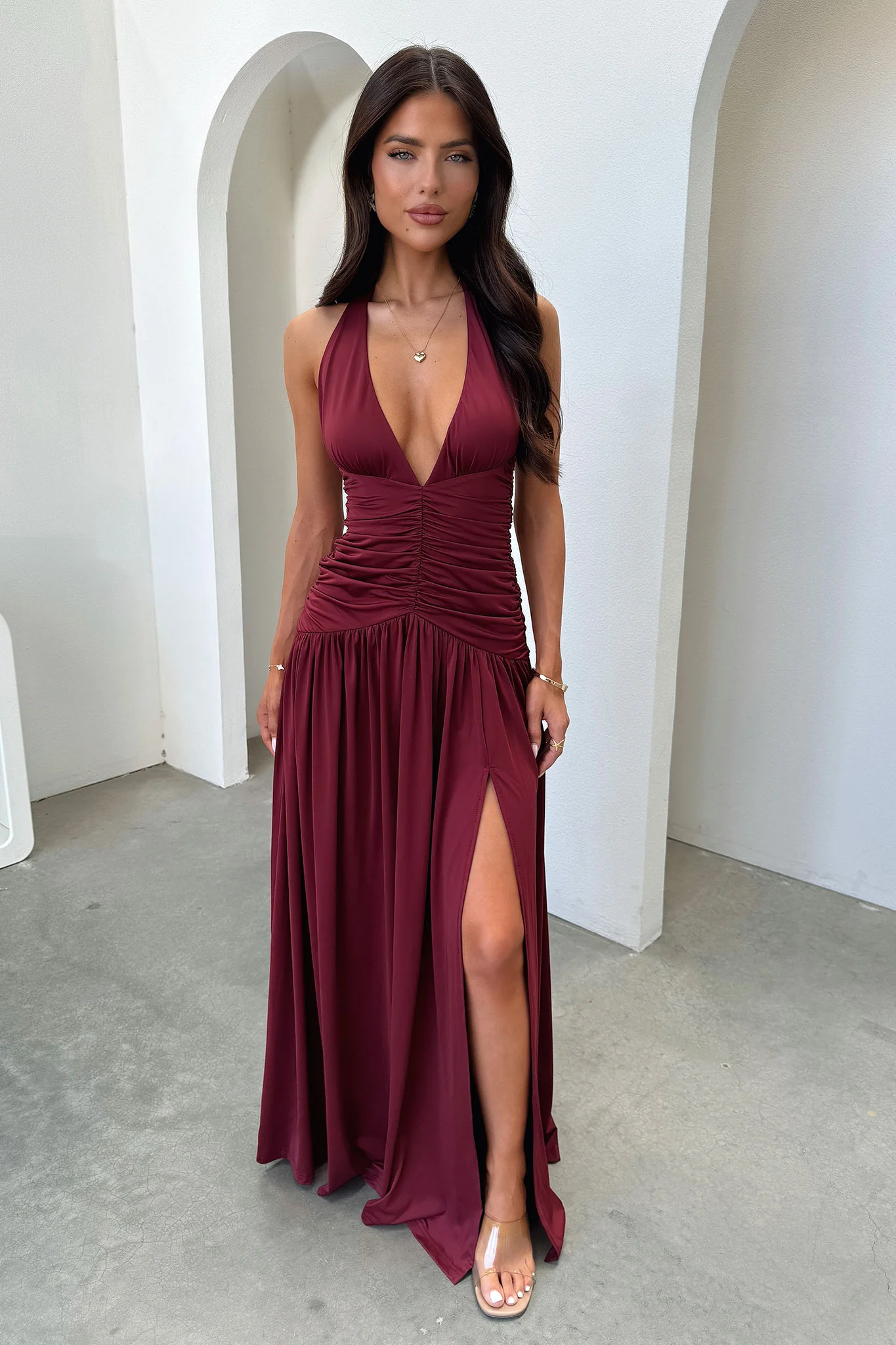 Ginevra Ruched Halter Maxi Dress - Burgundy - XTXFMF