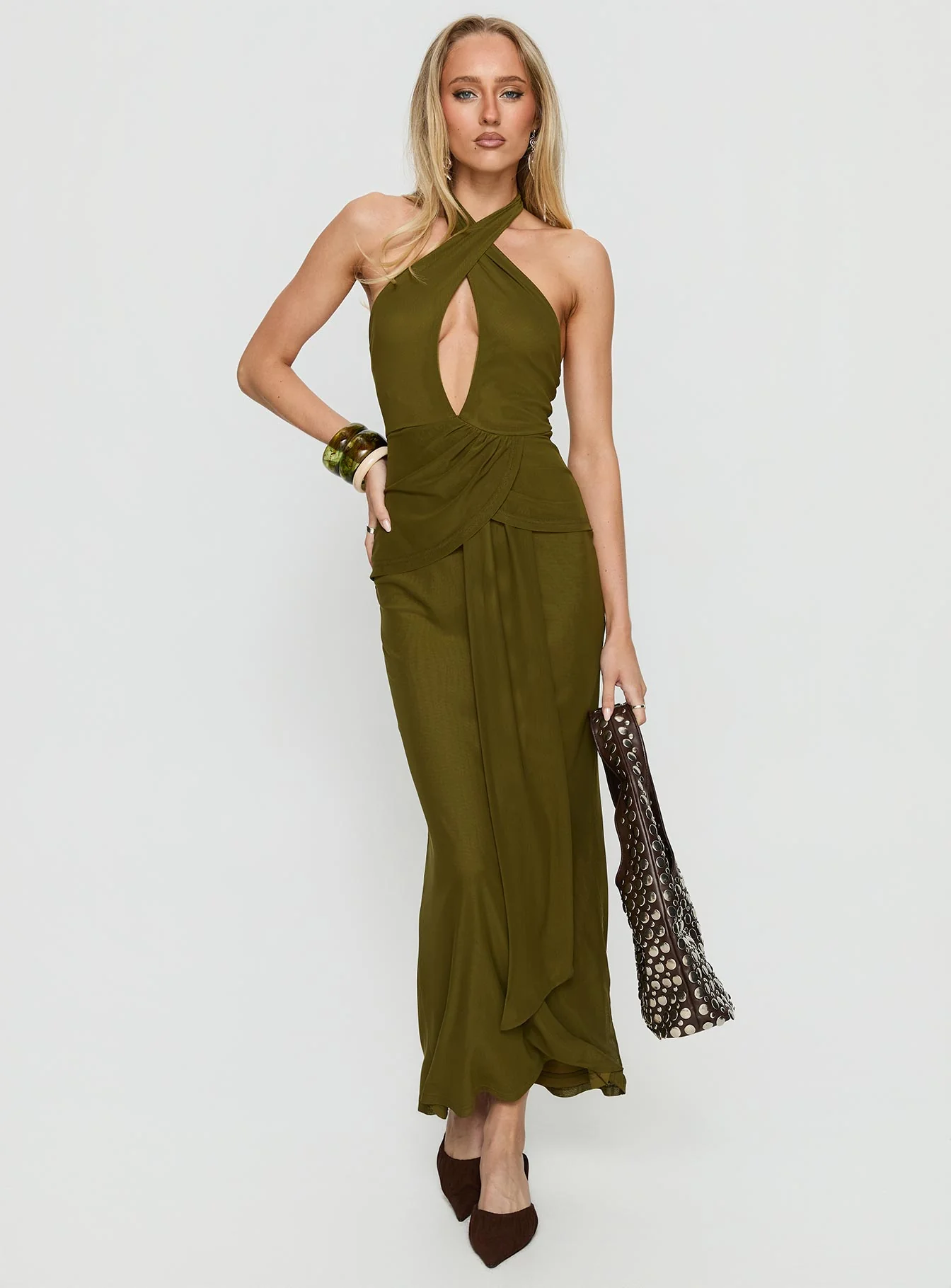 Feliza Keyhole Halter Maxi Dress Olive - XTXFMF
