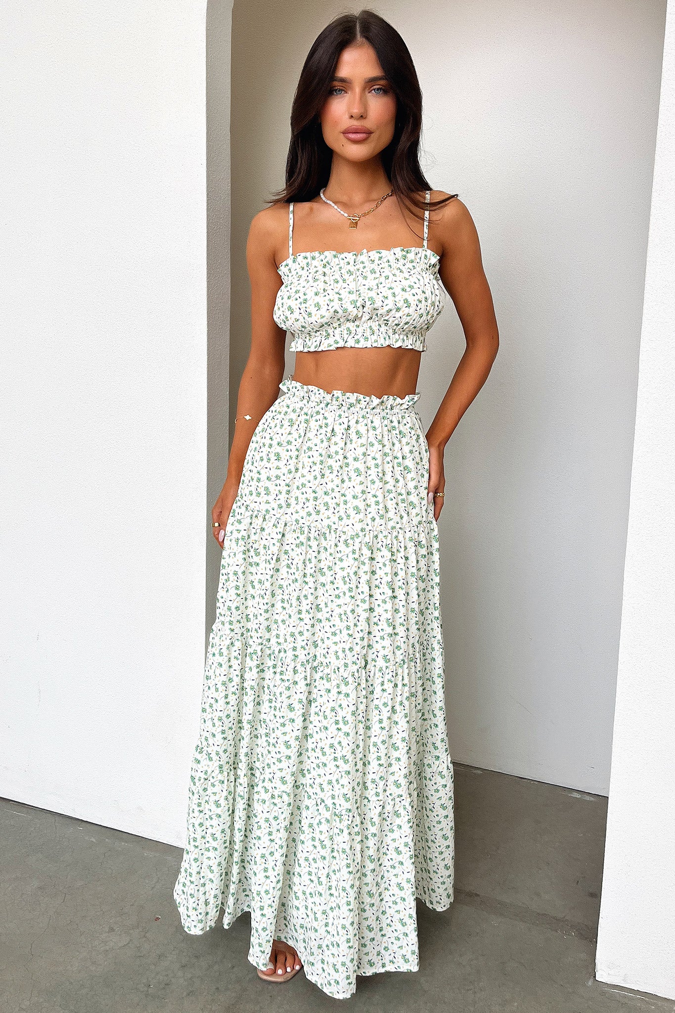 Selina Tiered Maxi Skirt - Green Floral - XTXFMF