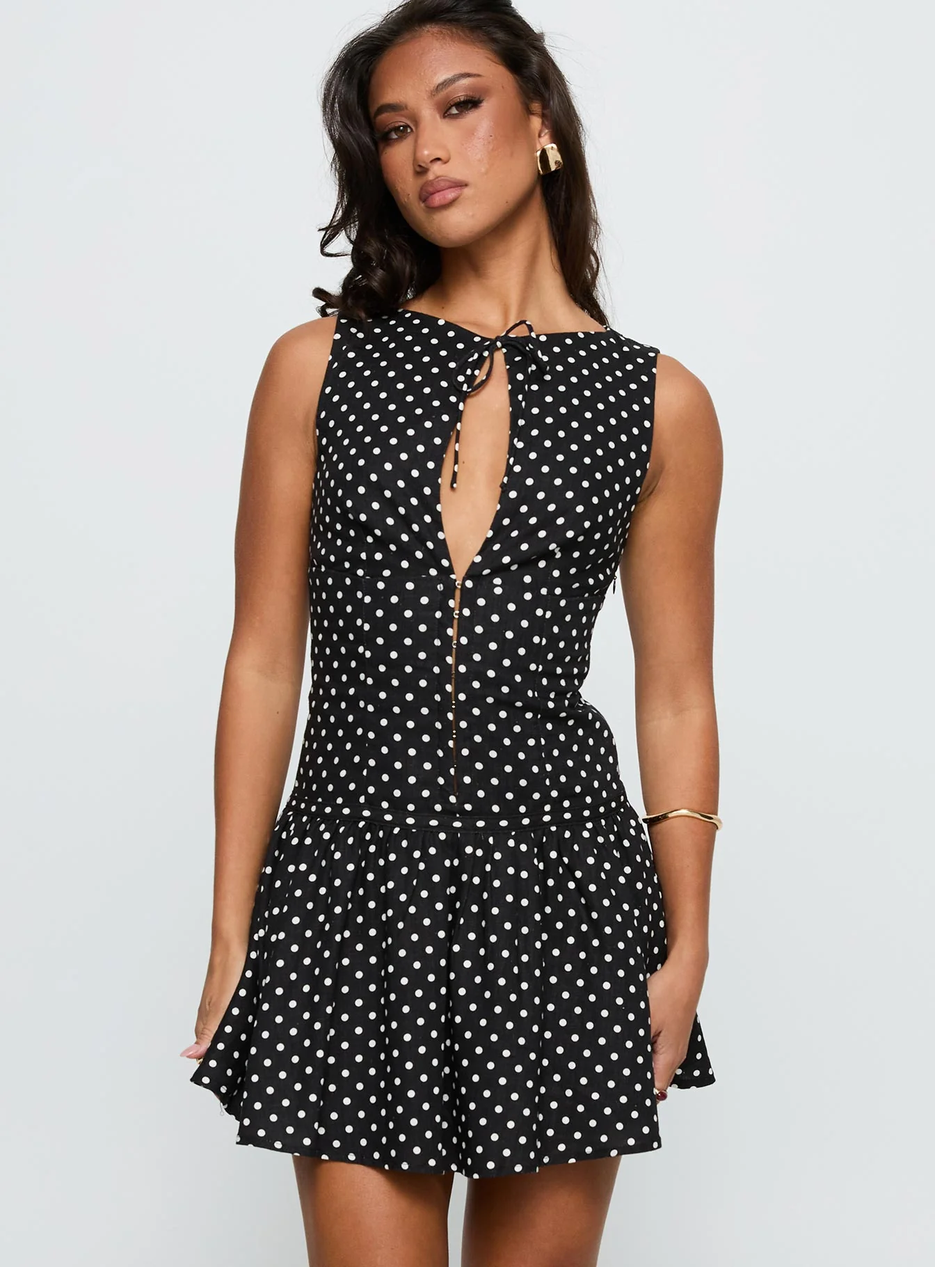 Alissea Keyhole Linen Blend Mini Dress Black Polka - XTXFMF