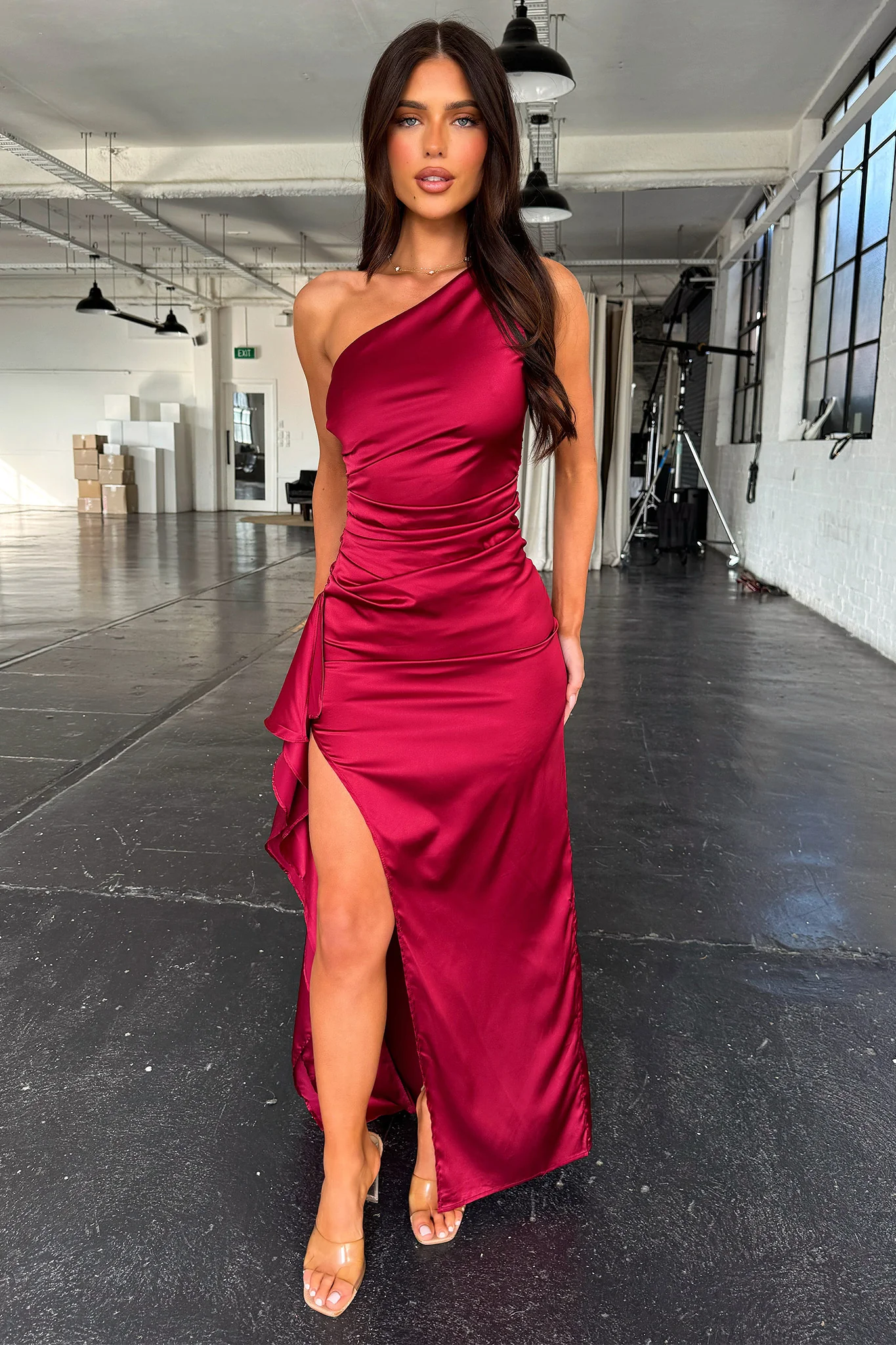 Elianna One Shoulder Satin Maxi Dress - Burgundy - XTXFMF