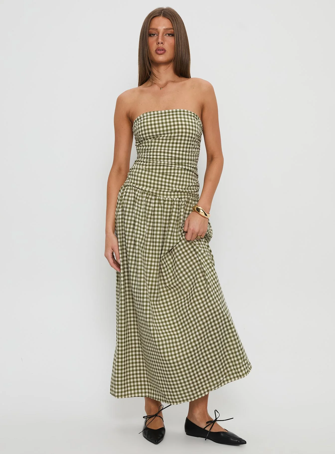 Frankey Strapless Drop Waist Maxi Dress Green Check - XTXFMF