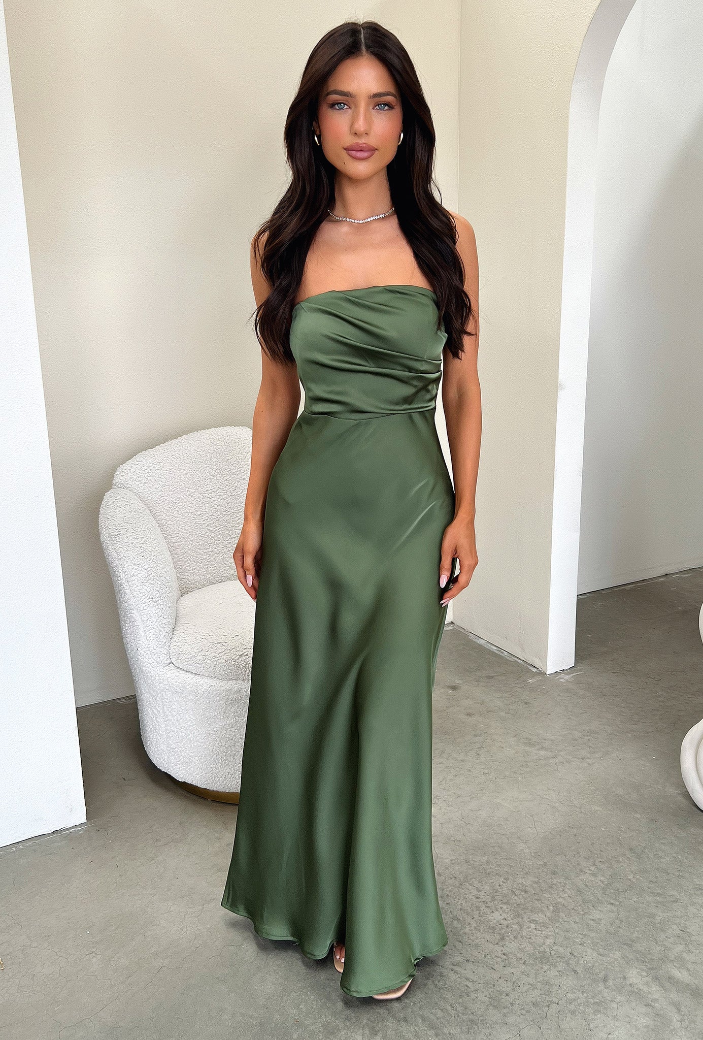 Elio Strapless Satin Maxi Dress - Olive - XTXFMF
