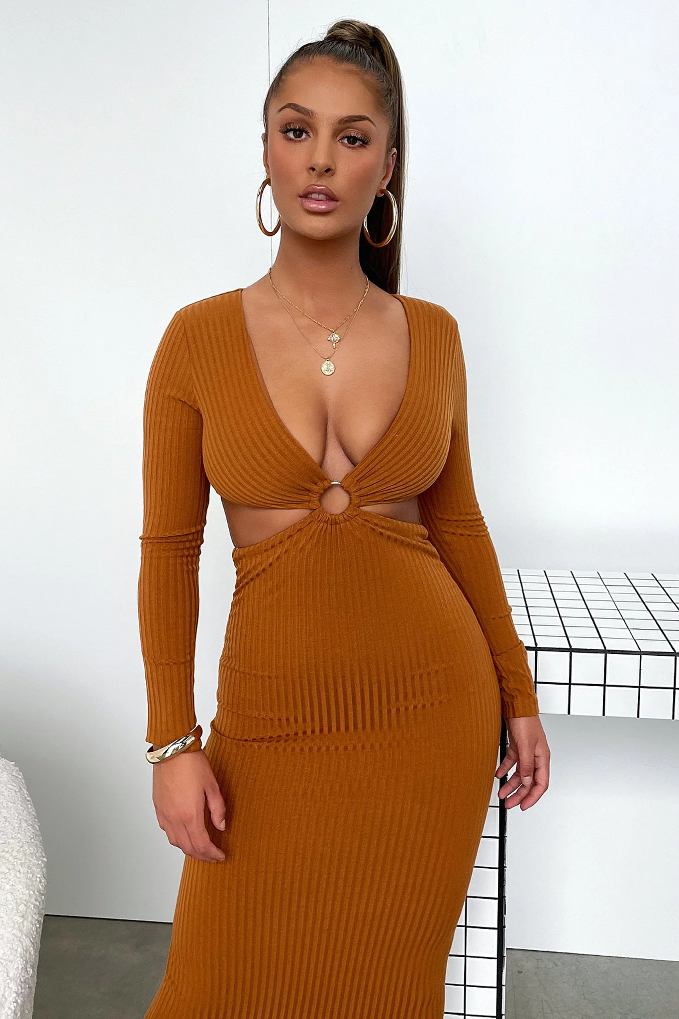 Laska Midi Dress - Rust Brown - XTXFMF