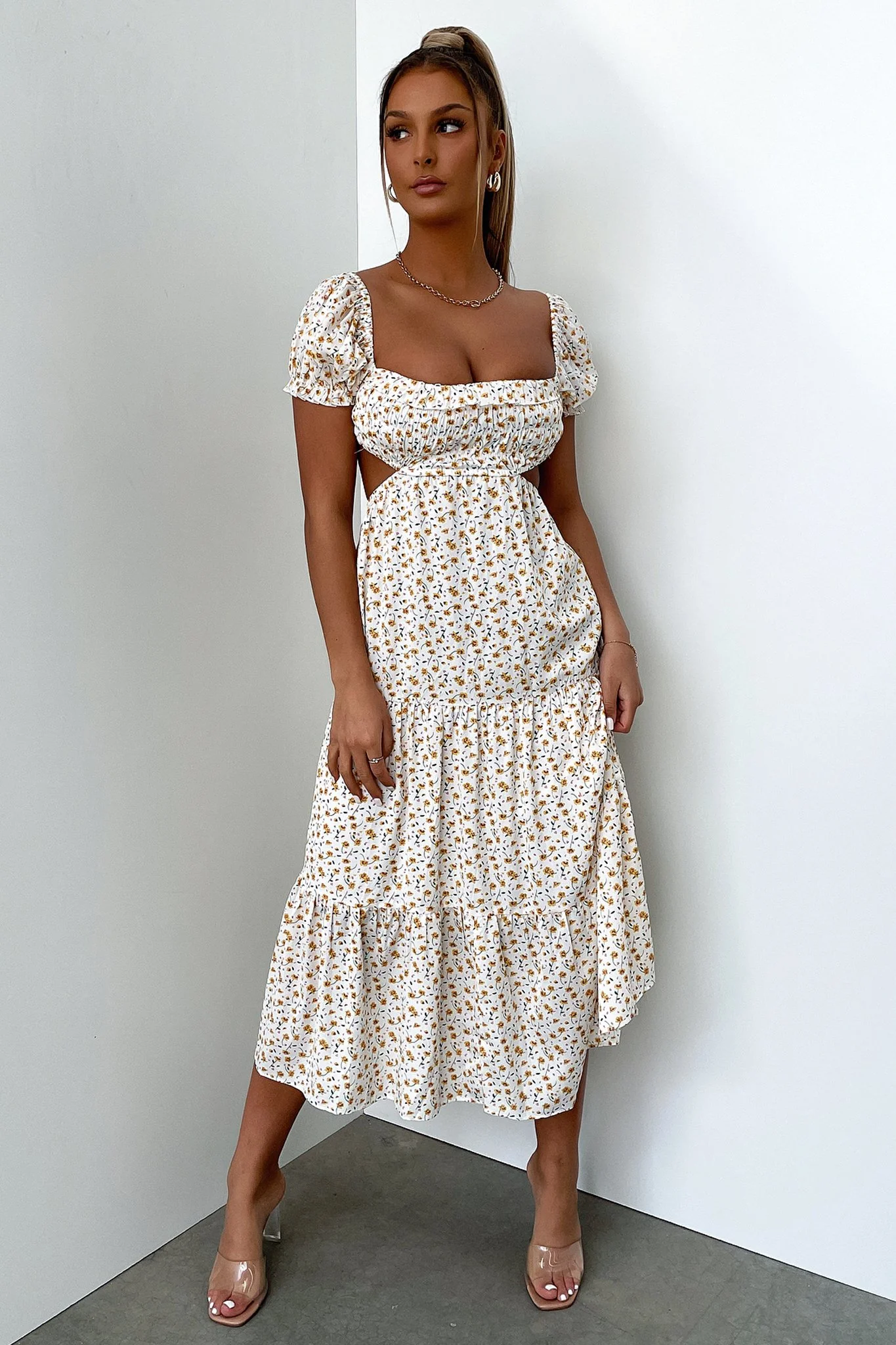 Noelle Midi Dress - Yellow Floral - XTXFMF