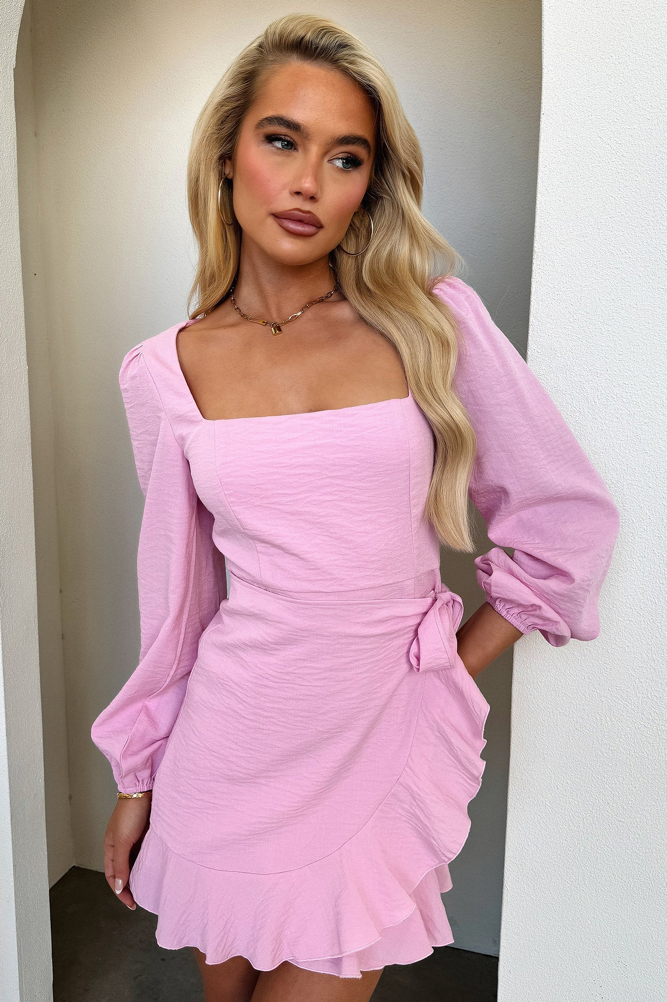 Silvana Long Sleeve Wrap Mini Dress - Pink - XTXFMF