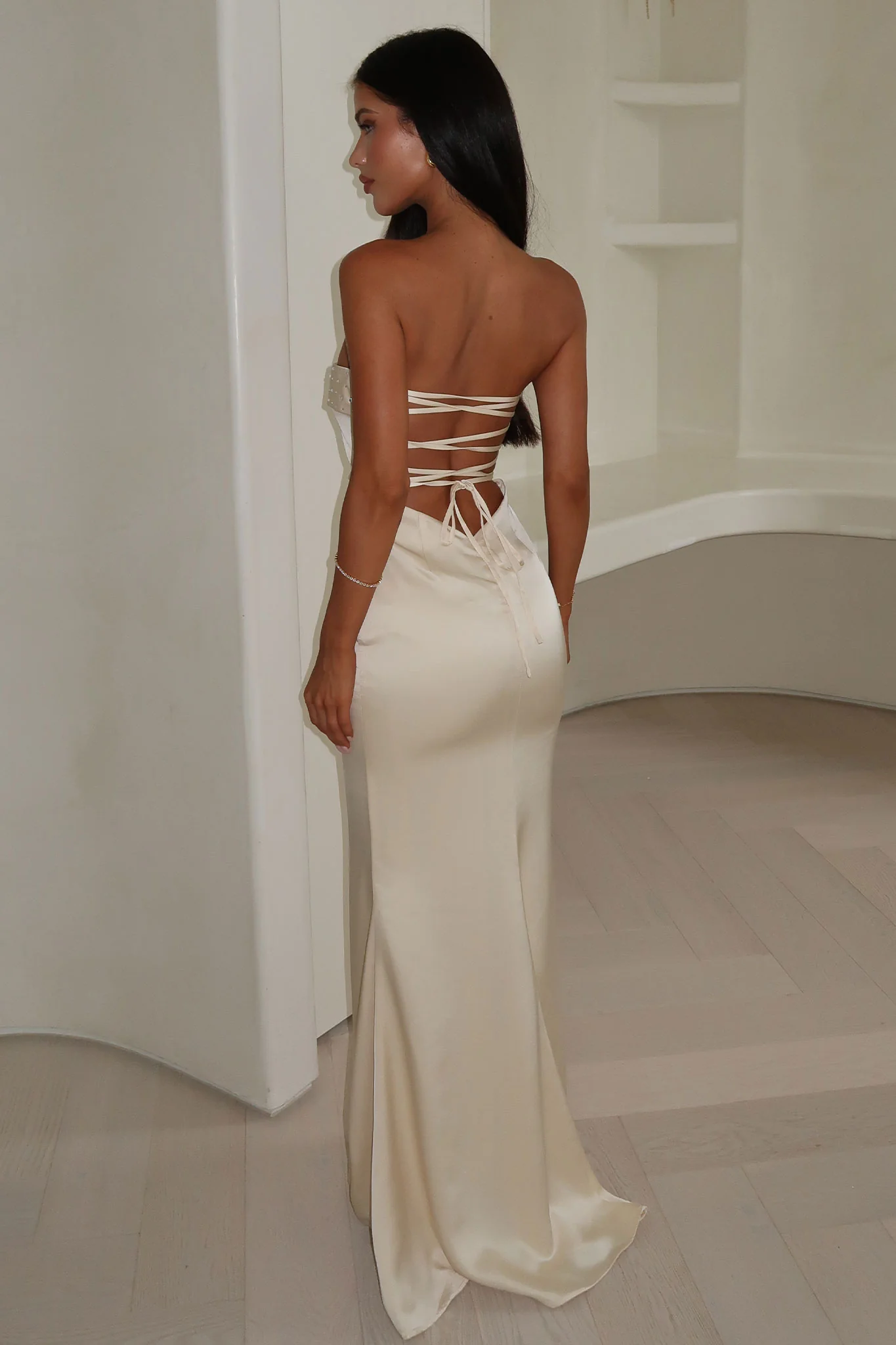 Ophelia Strapless Embellished Satin Maxi Dress - Champagne - XTXFMF