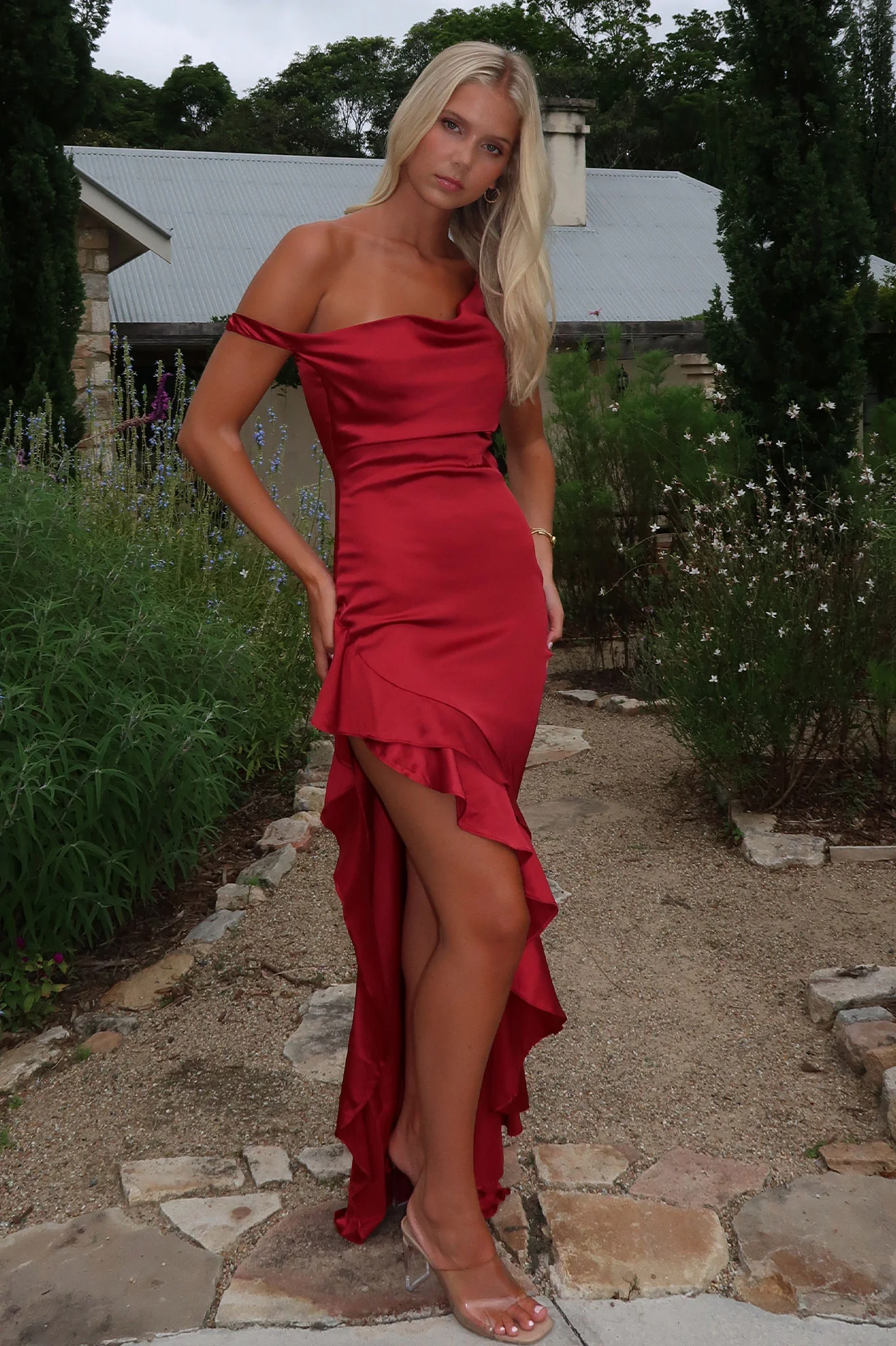 Daenerys Off Shoulder Satin Maxi Dress - Burgundy - XTXFMF