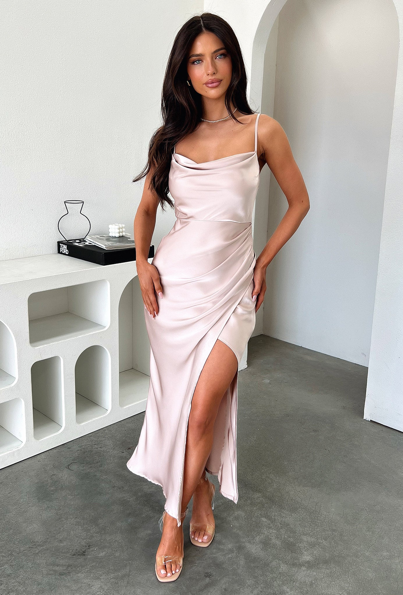 Evelyn Satin Cowl Neck Midi Dress - Champagne - XTXFMF