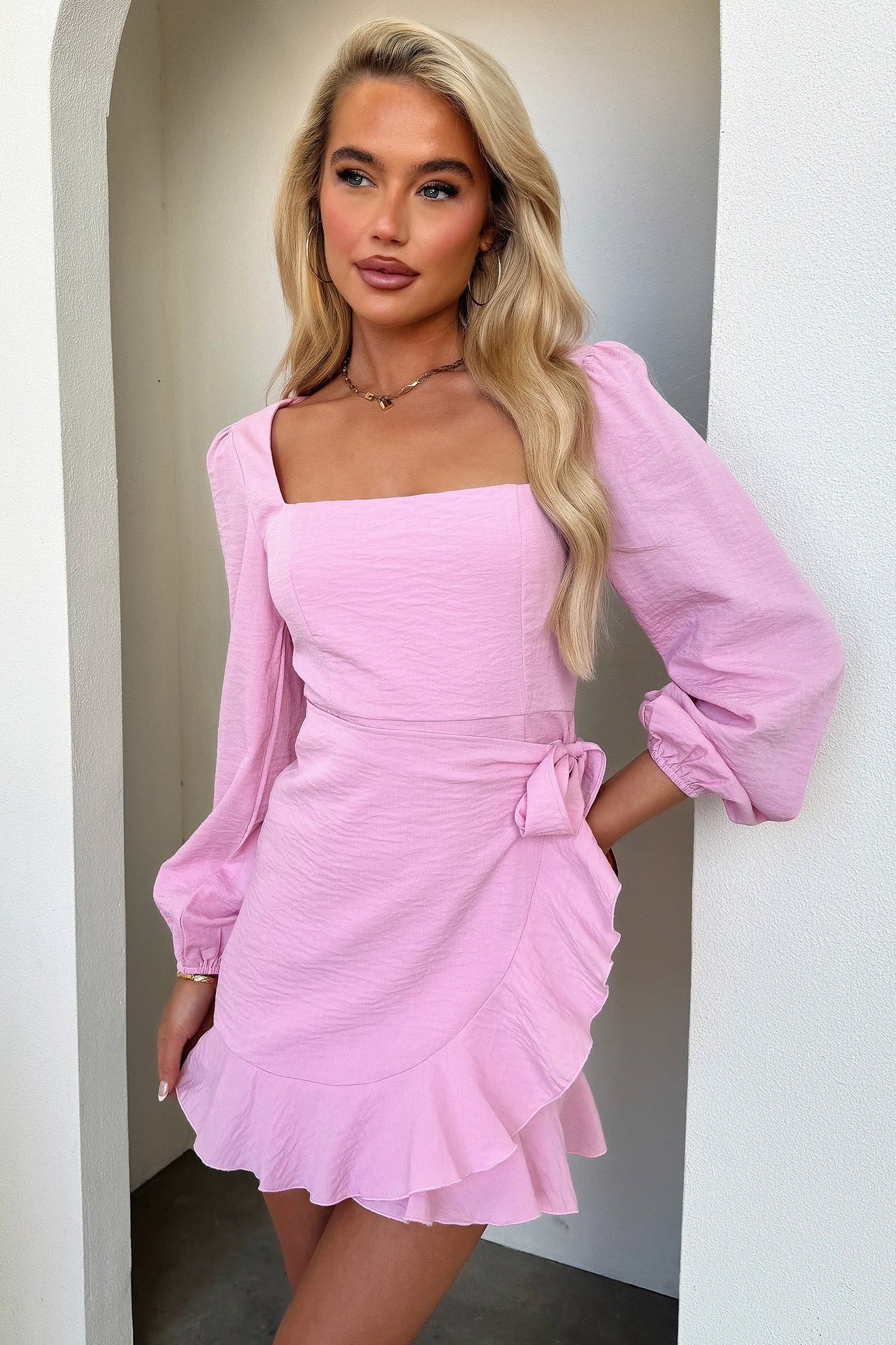 Silvana Long Sleeve Wrap Mini Dress - Pink - XTXFMF