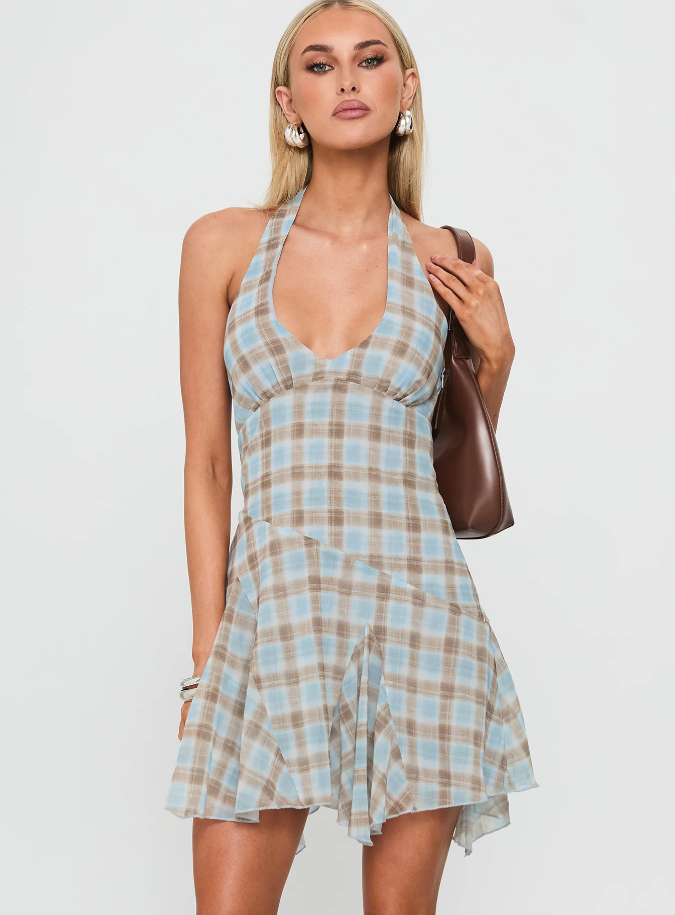 Valorie Halter Mini Dress Blue Check - XTXFMF