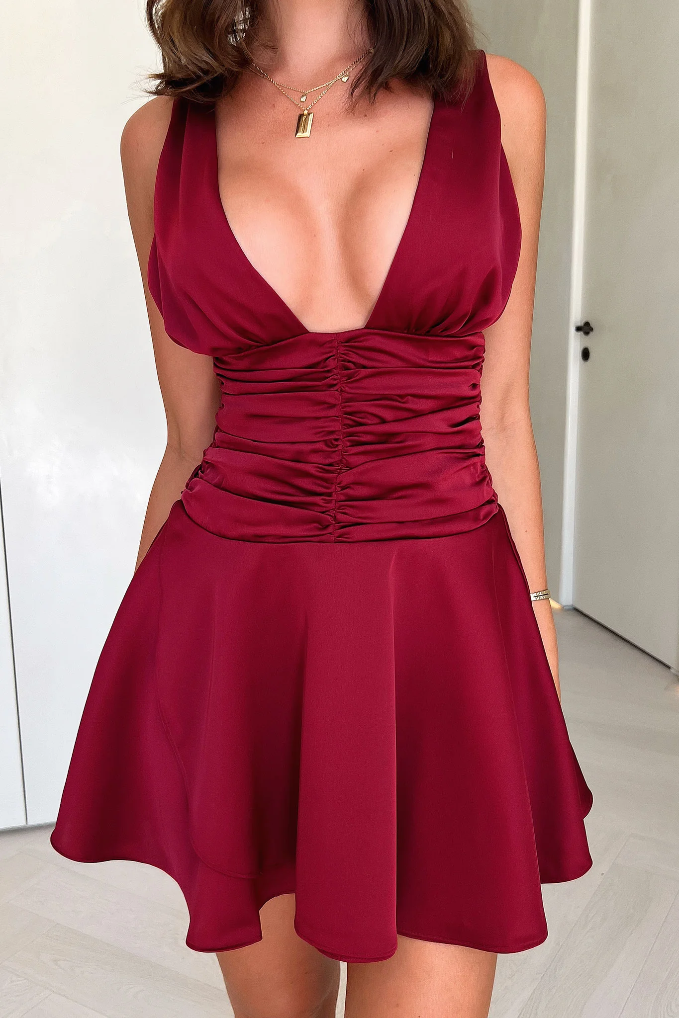 Jane Satin Mini Dress - Burgundy - XTXFMF
