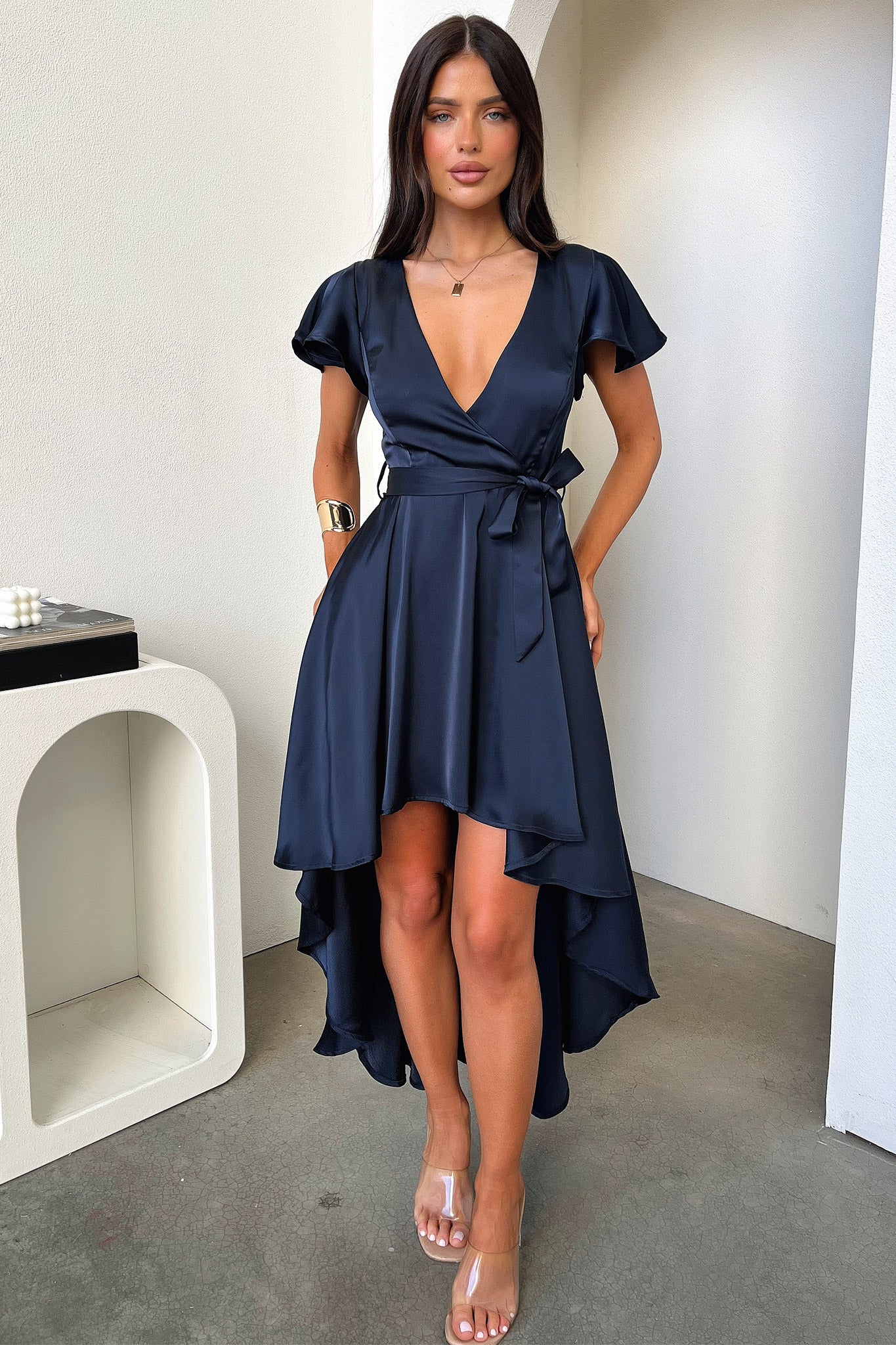 Amelia Satin Midi Dress - Navy - XTXFMF