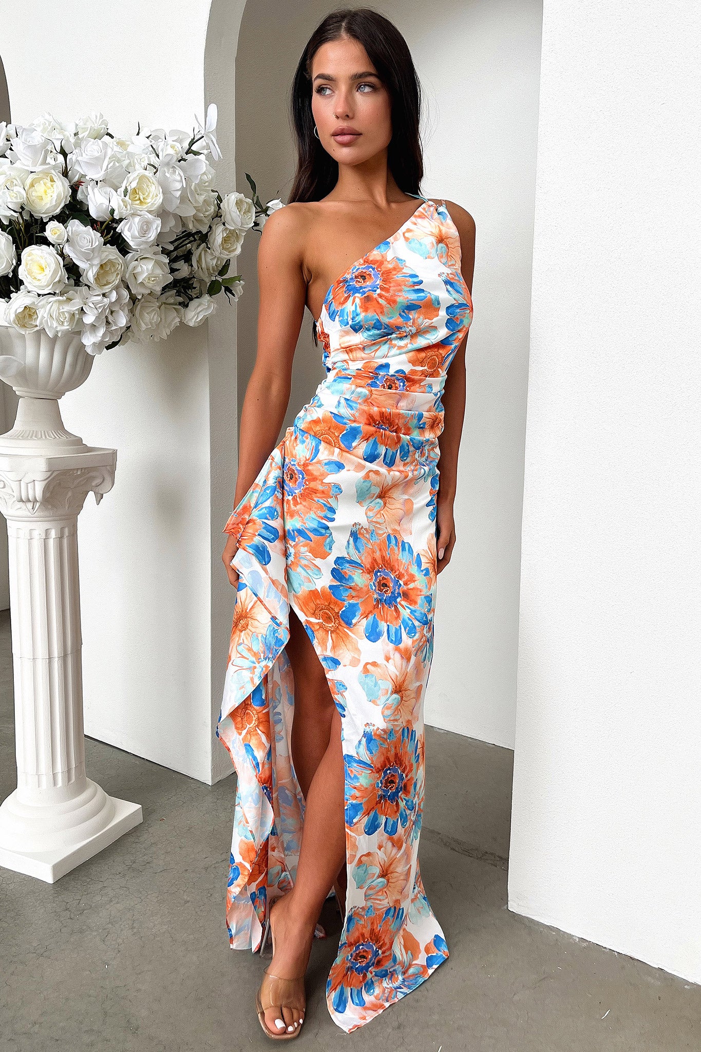 Elianna One Shoulder Satin Maxi Dress - Blue Floral - XTXFMF
