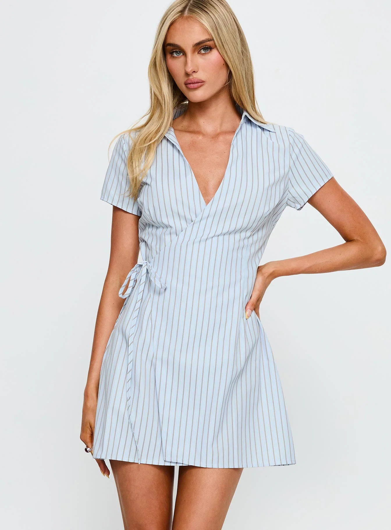 Amarita Wrap Collared Mini Dress Blue Stripe - XTXFMF