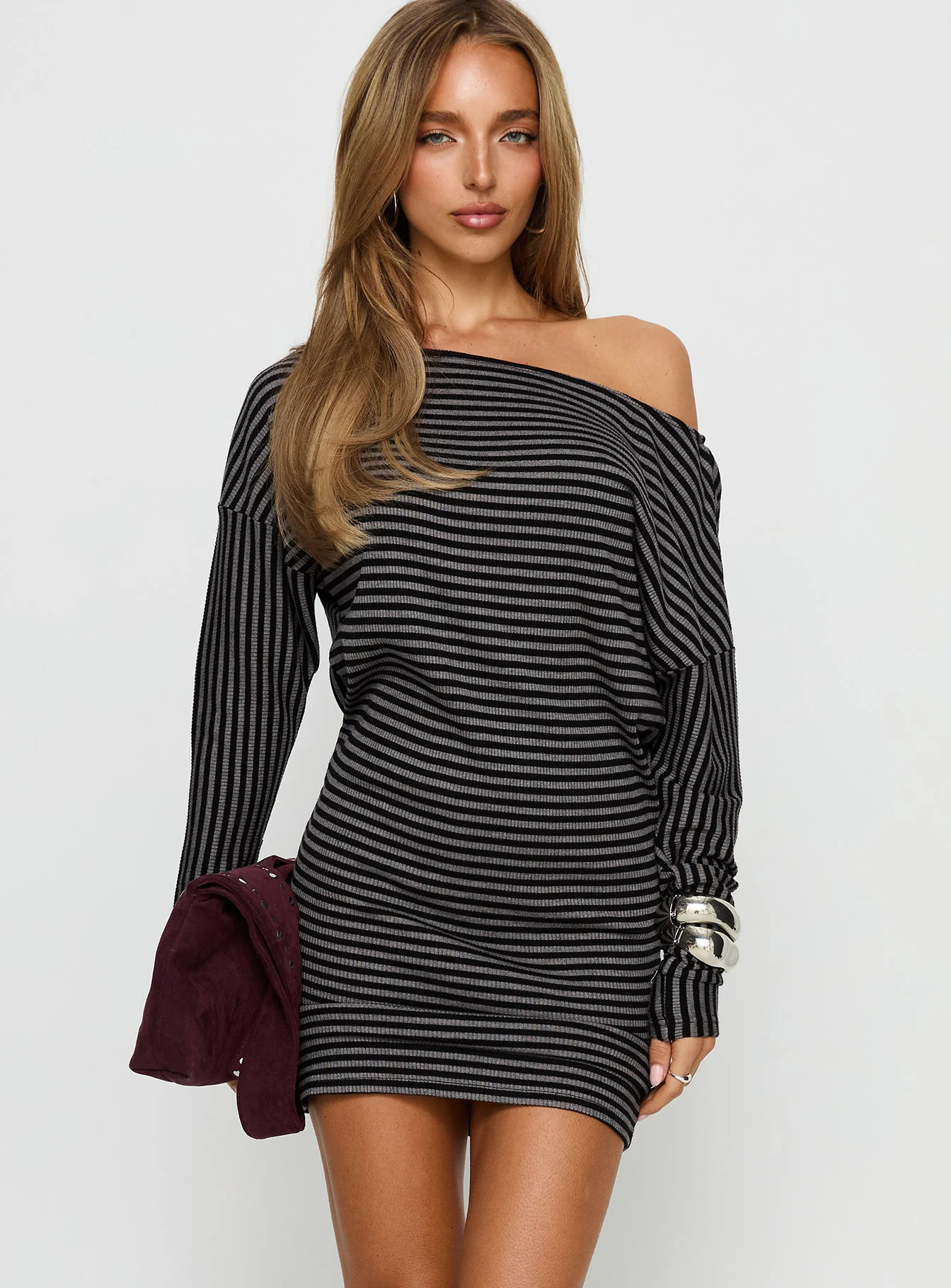 Alayne Long Sleeve Knit Mini Dress Black / Grey Stripe - XTXFMF