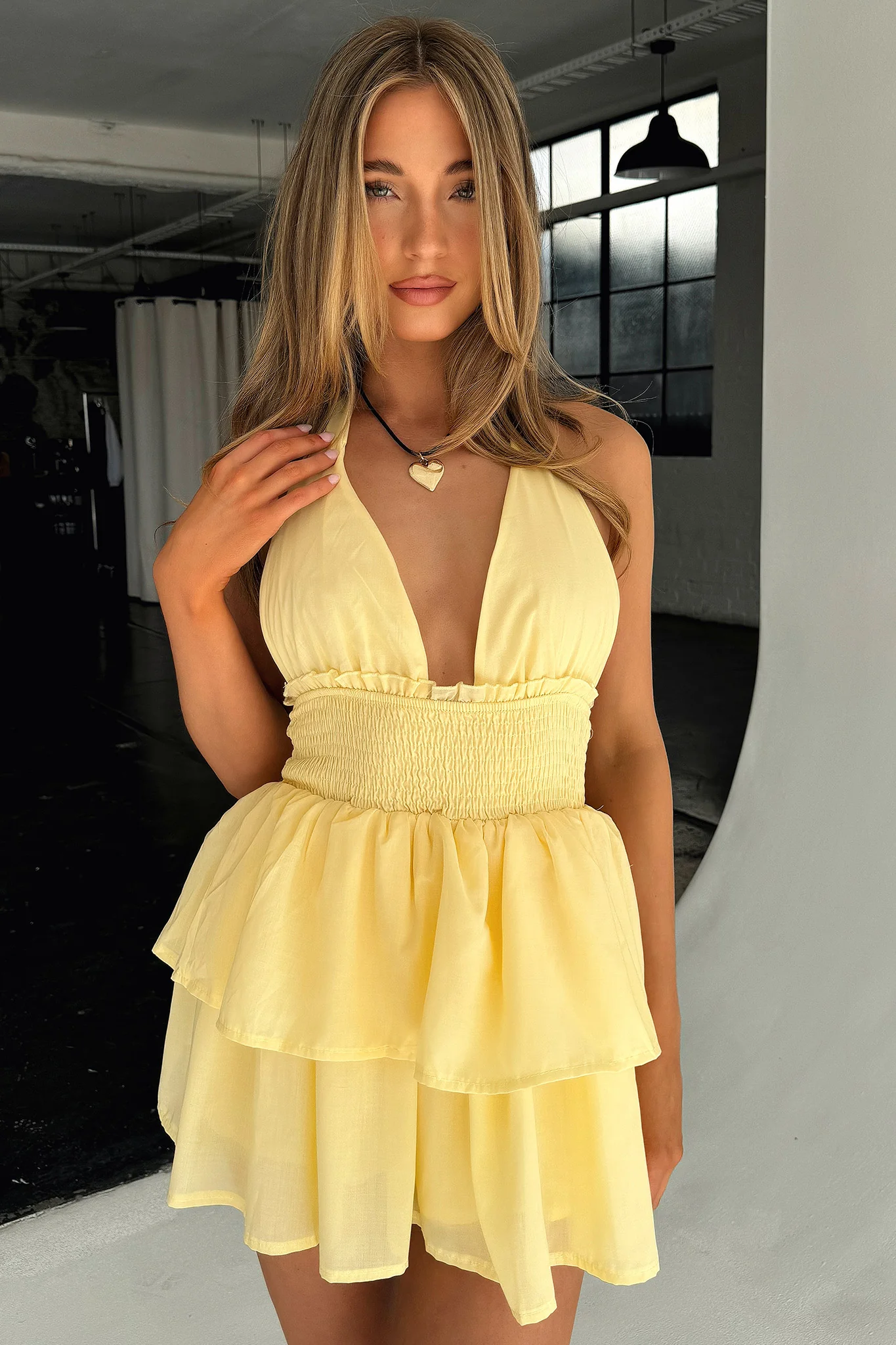 April Tiered Halter Mini Dress - Yellow - XTXFMF