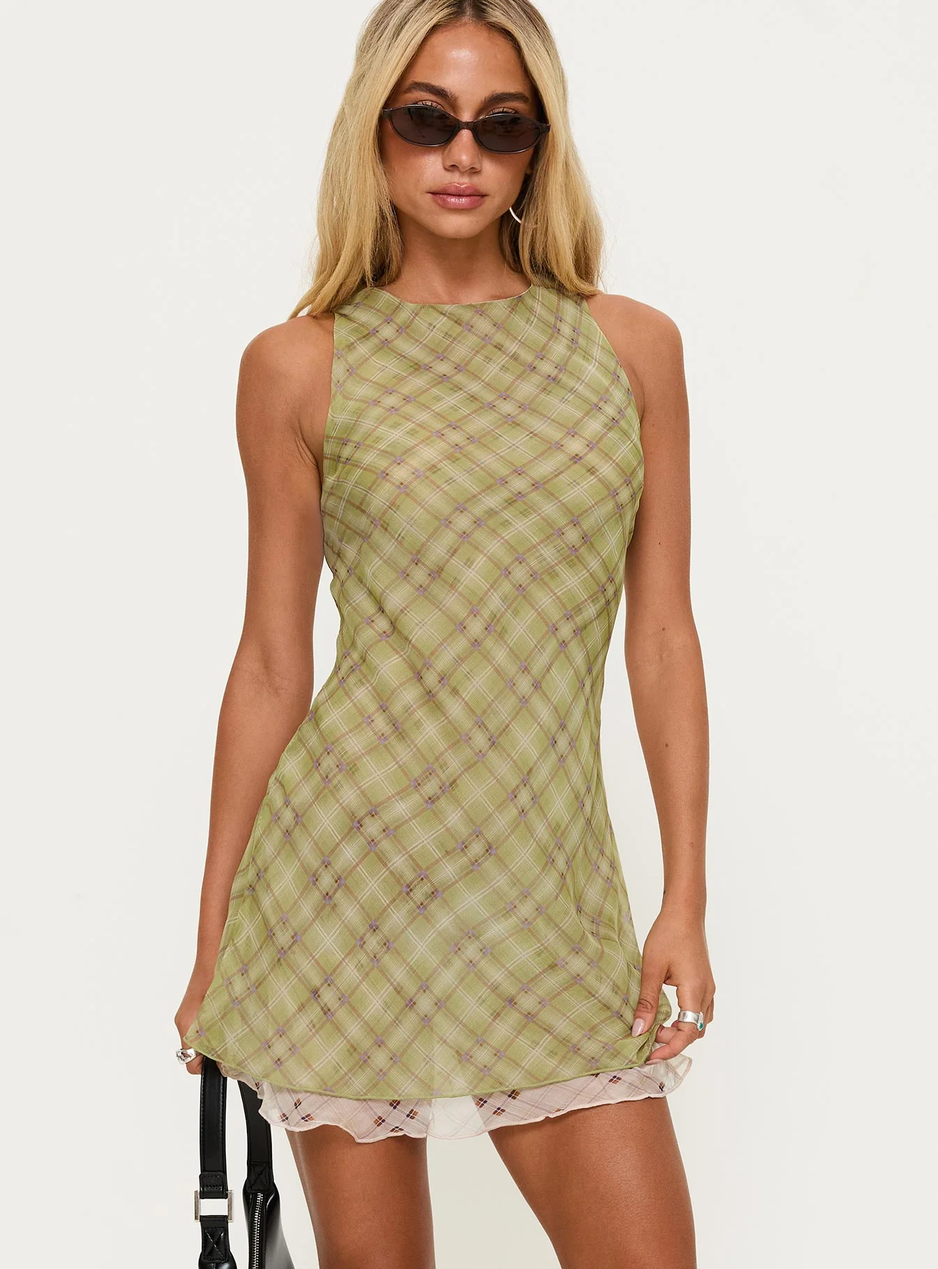 Buffie Shoulder Mini Dress Green Check - XTXFMF