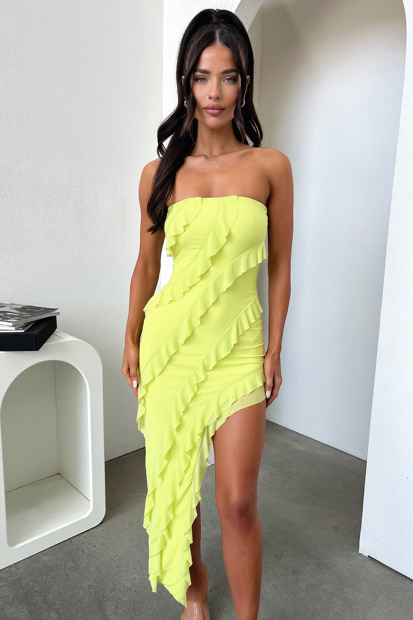 Jadore Strapless Ruffle Midi Dress - Lime - XTXFMF