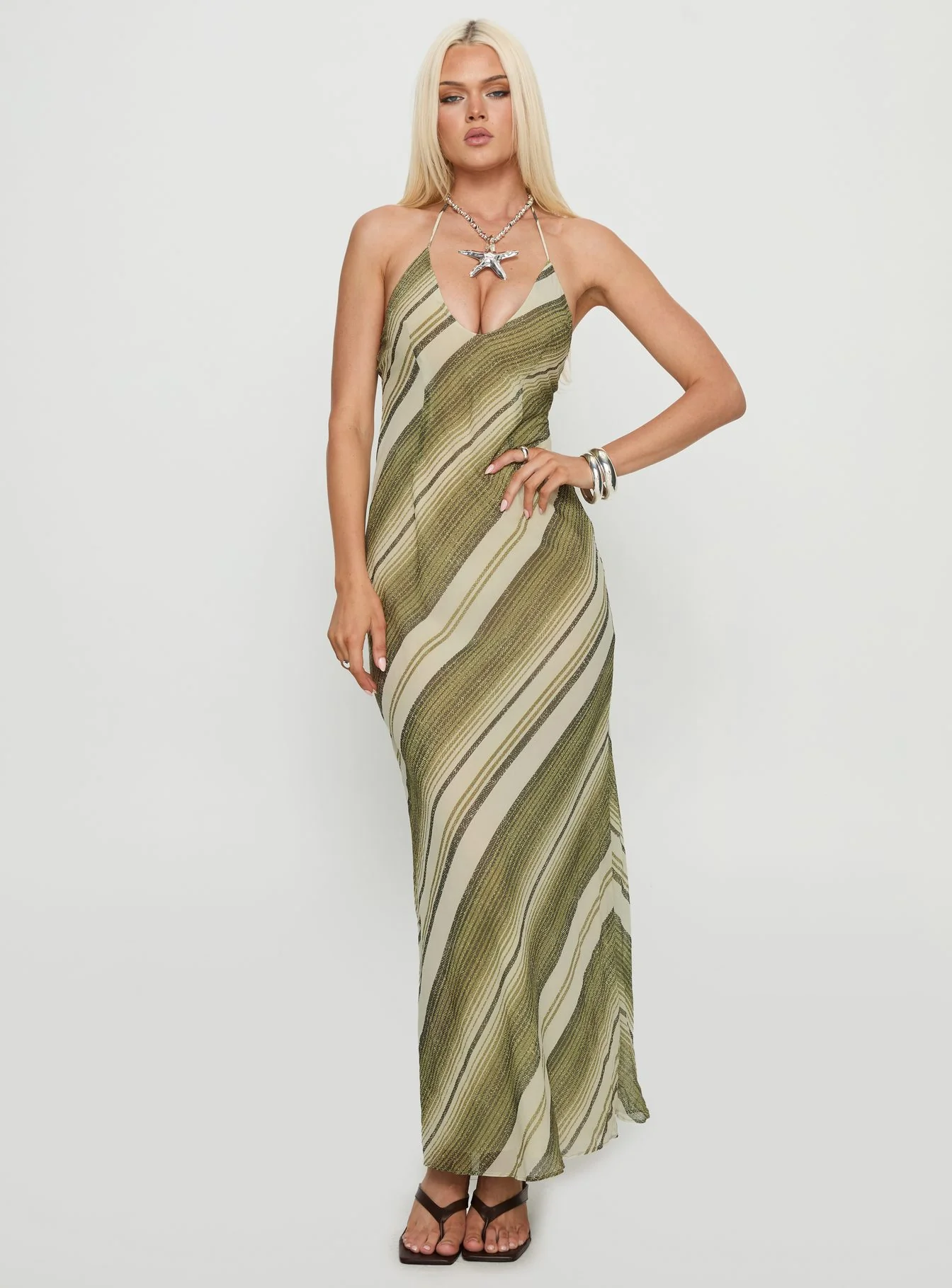 Esmira Halter Maxi Dress Green Stripe - XTXFMF
