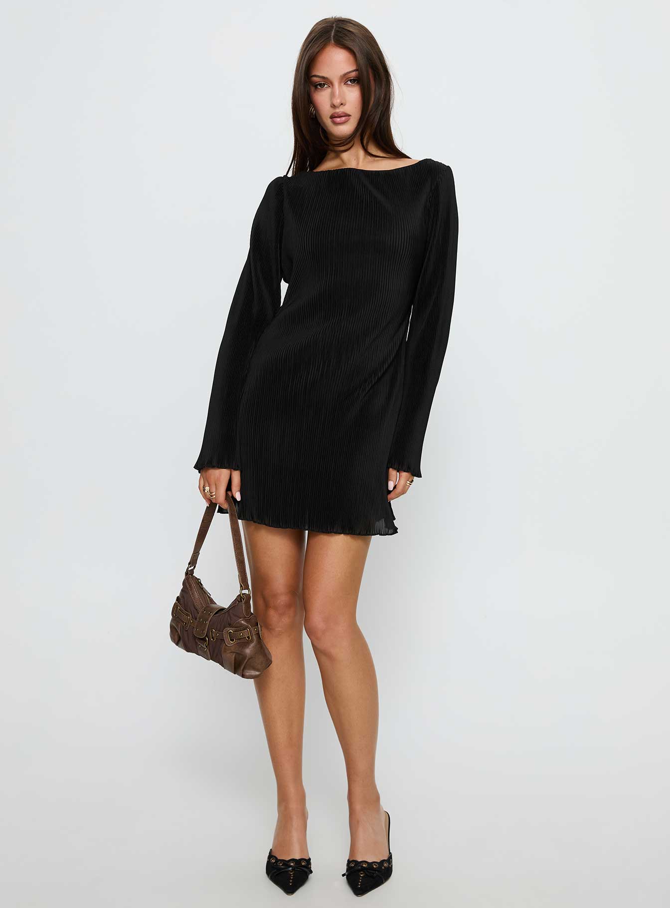 Lukea Long Sleeve Plisse Mini Dress Black - XTXFMF