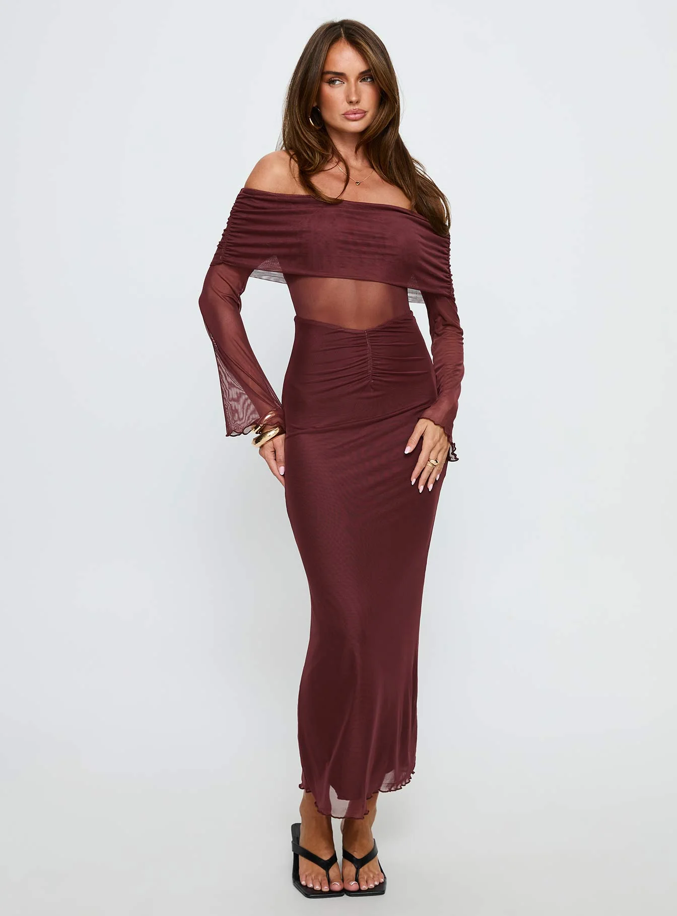 Velouria Off Shoulder Long Sleeve Maxi Dress Brown - XTXFMF